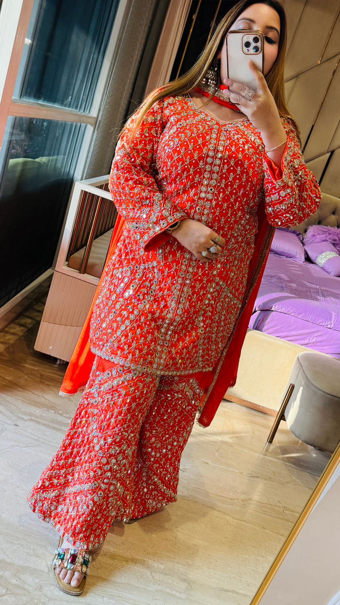 Reyna Bell Bottom Set- Orange – Selfie Kurtiz
