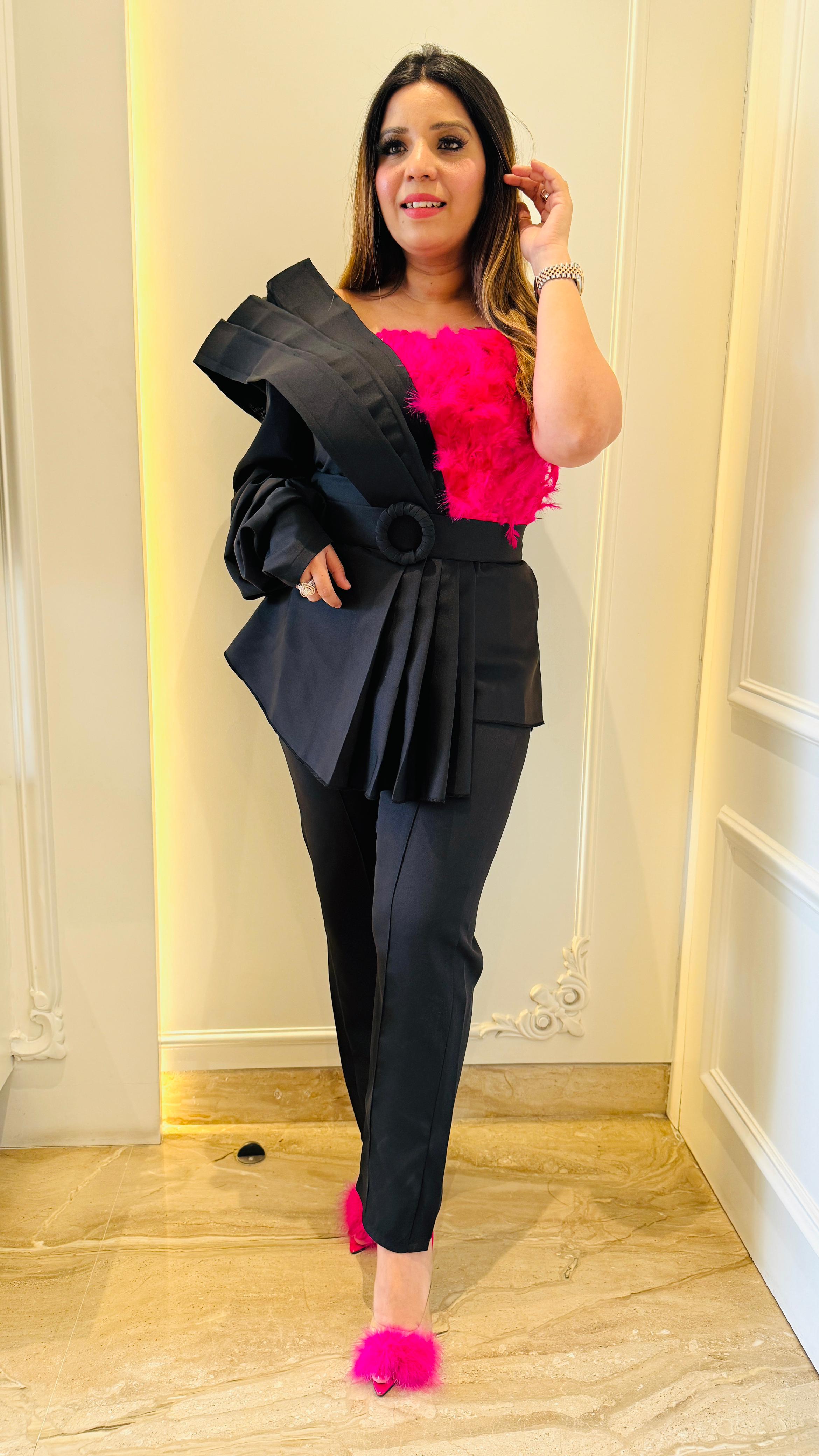 Hot Pink Designer Co-ord Set with Belt & Fur