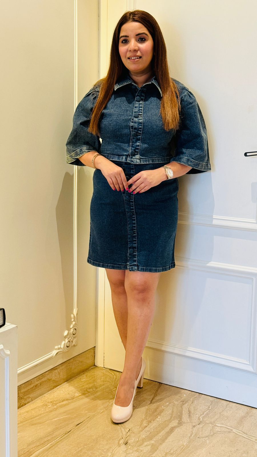 Stretchable Denim Crop Top & Skirt Set