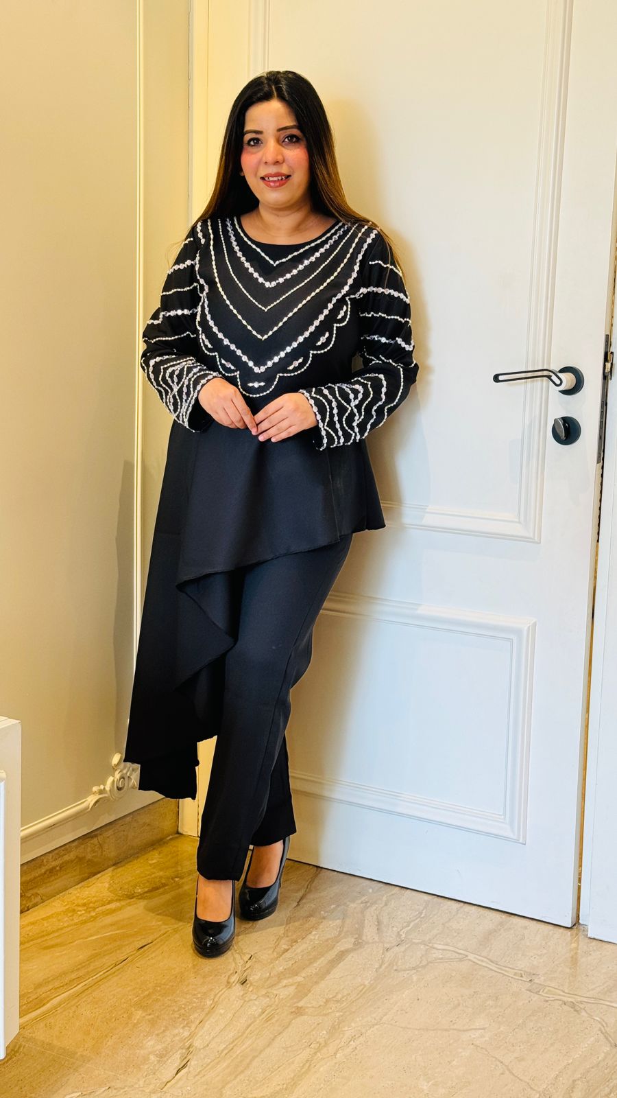 Black Banana Crepe Handwork Cape Set