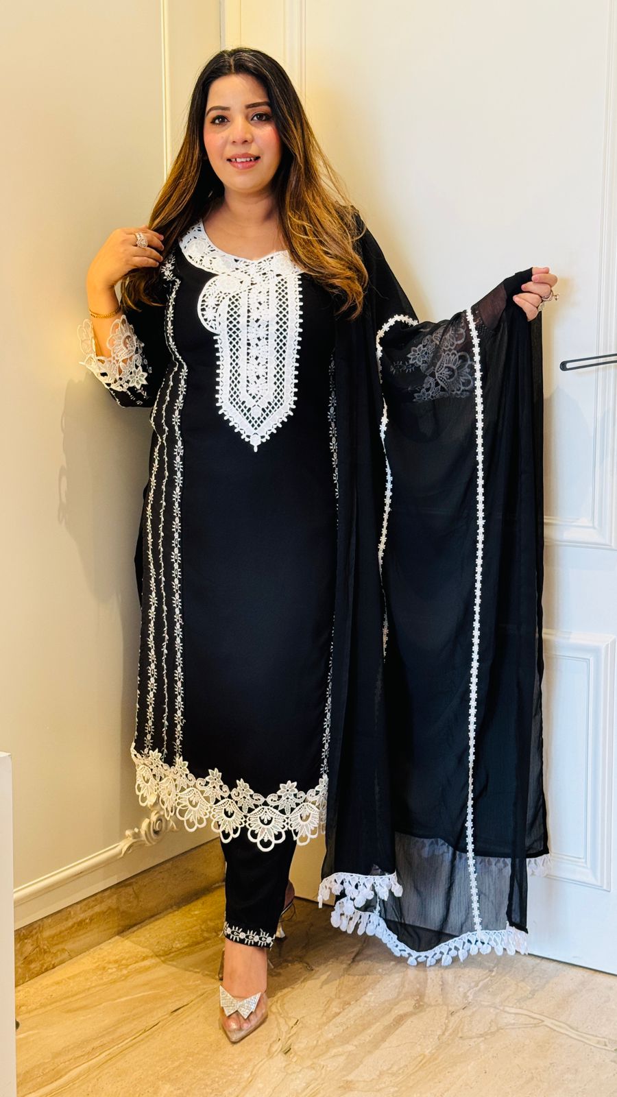Rayon Black & White Suit Set with Lace Work & Georgette Dupatta