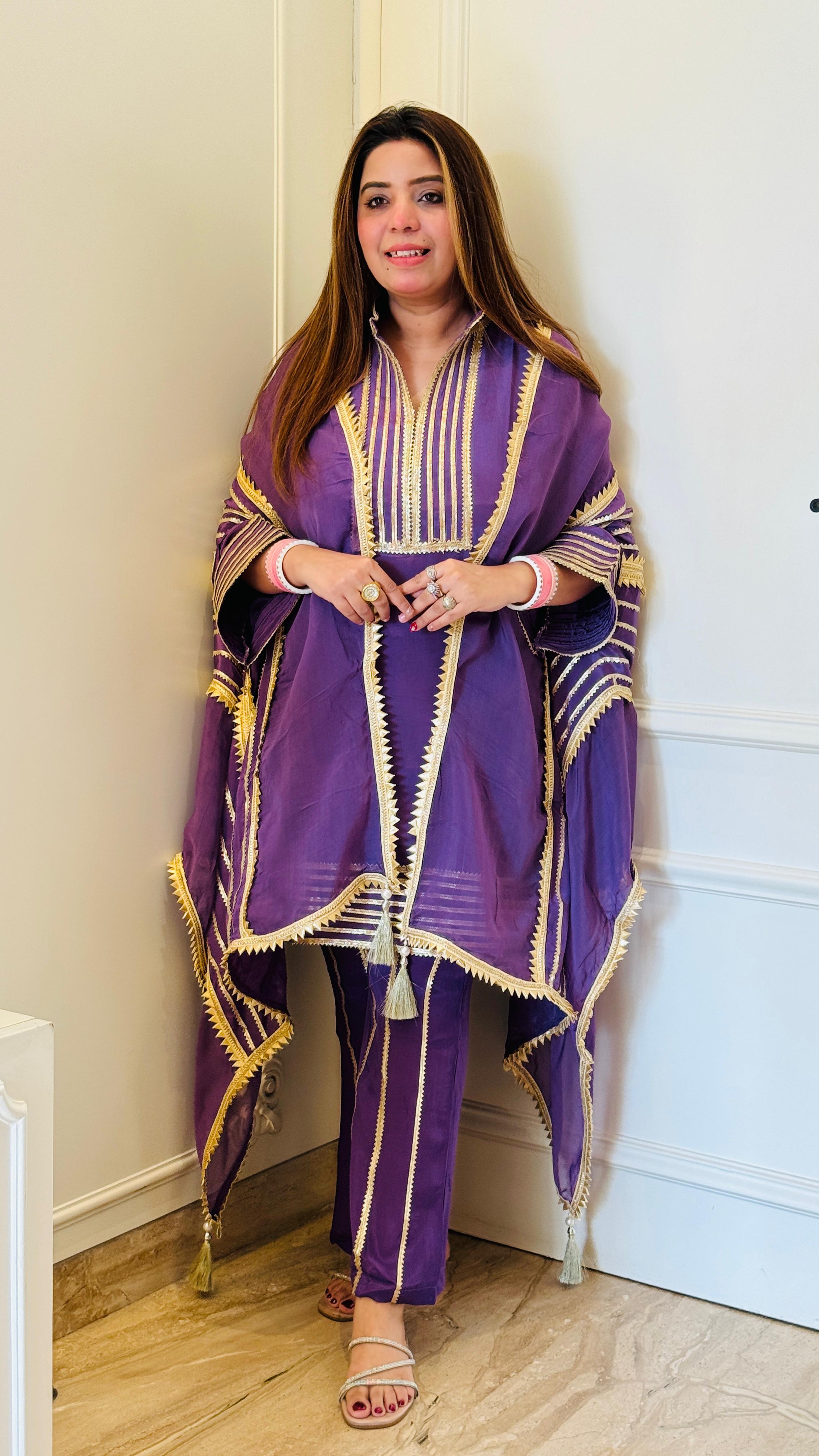 Purple Georgette Beige Cape Suit Set with Gotta Work