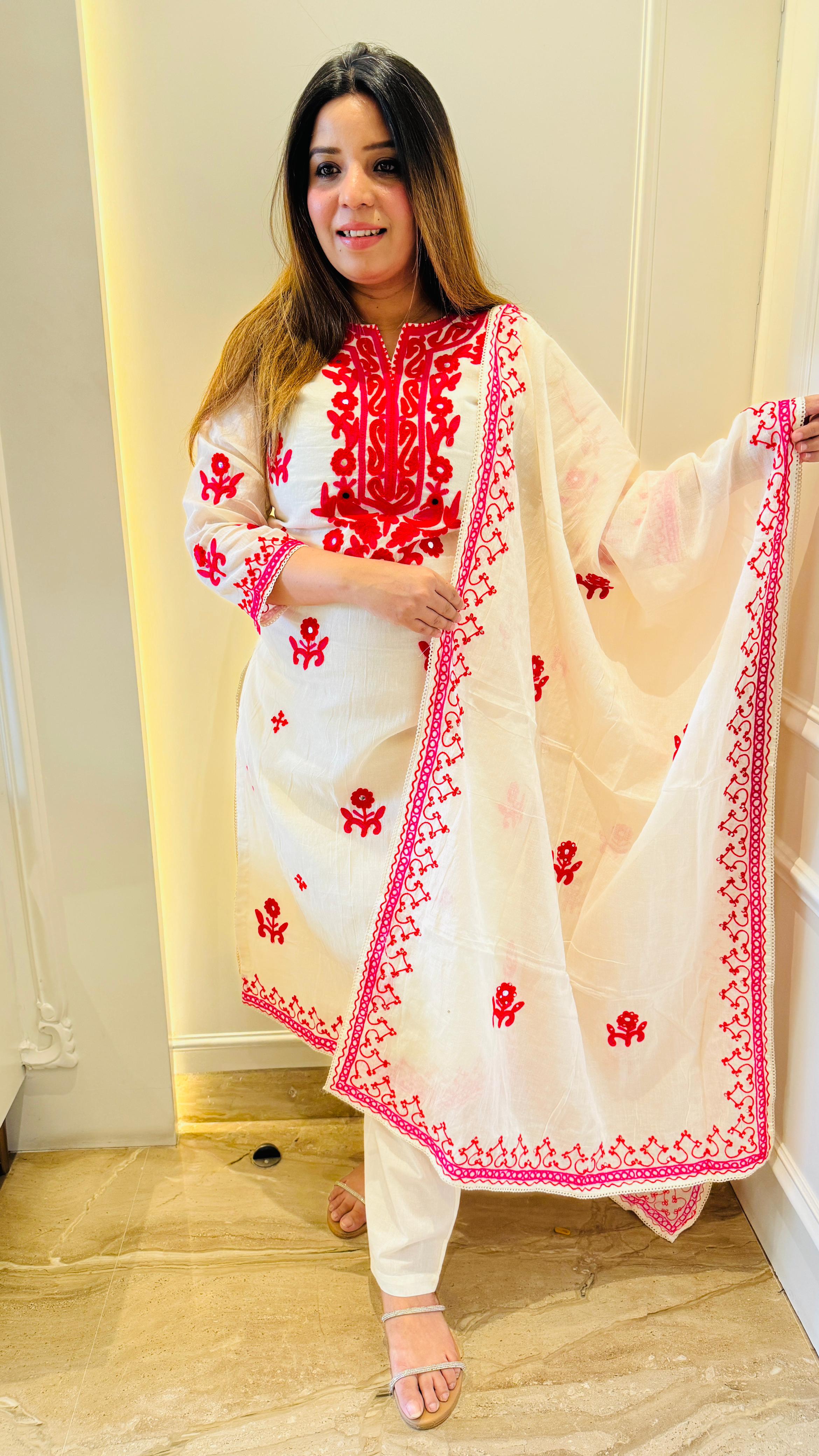 White Cotton Suit Set with Kashmiri Embroidery