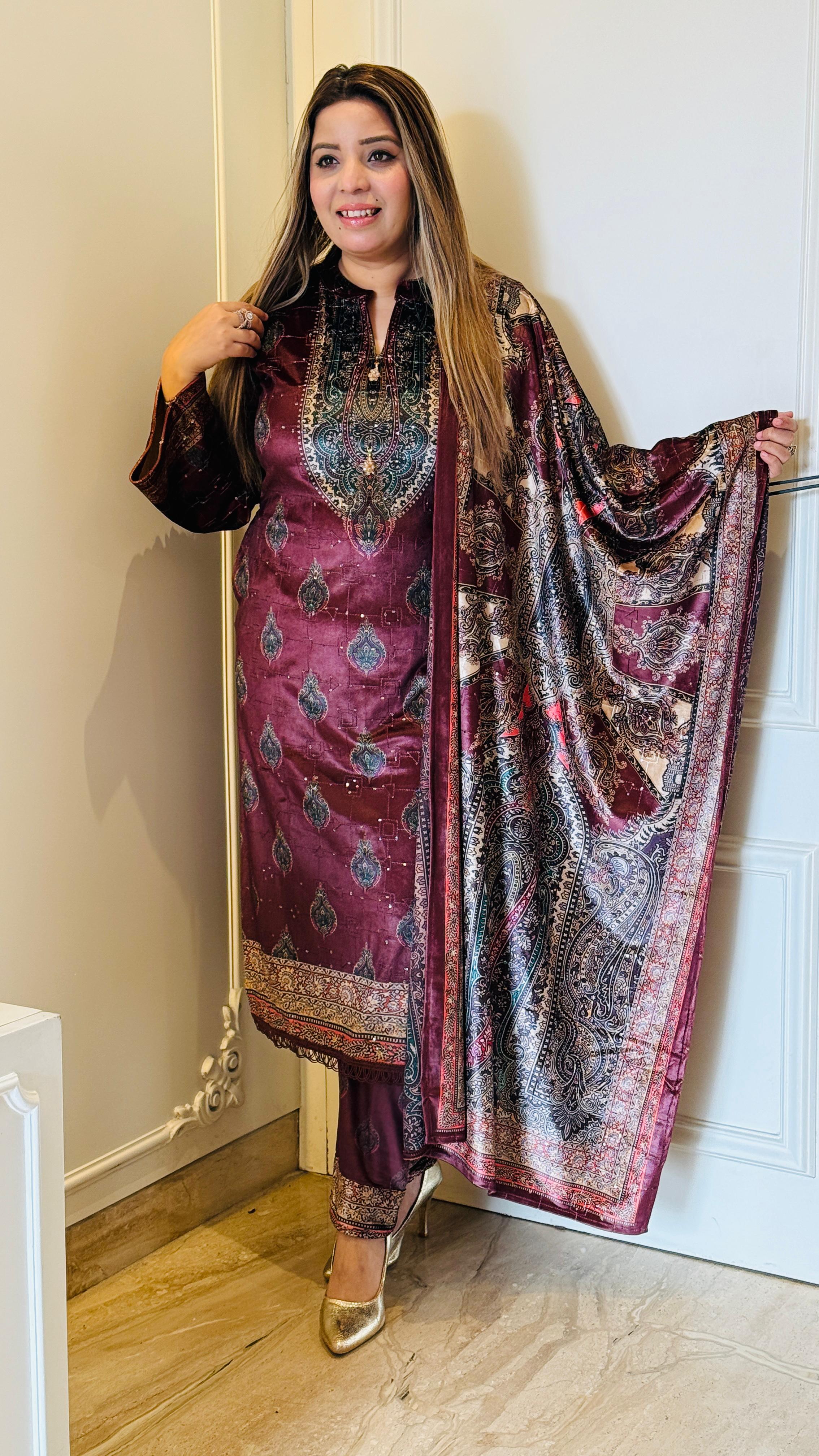 Maroon Premium Self Velvet Suit Set with Handwork Dupatta