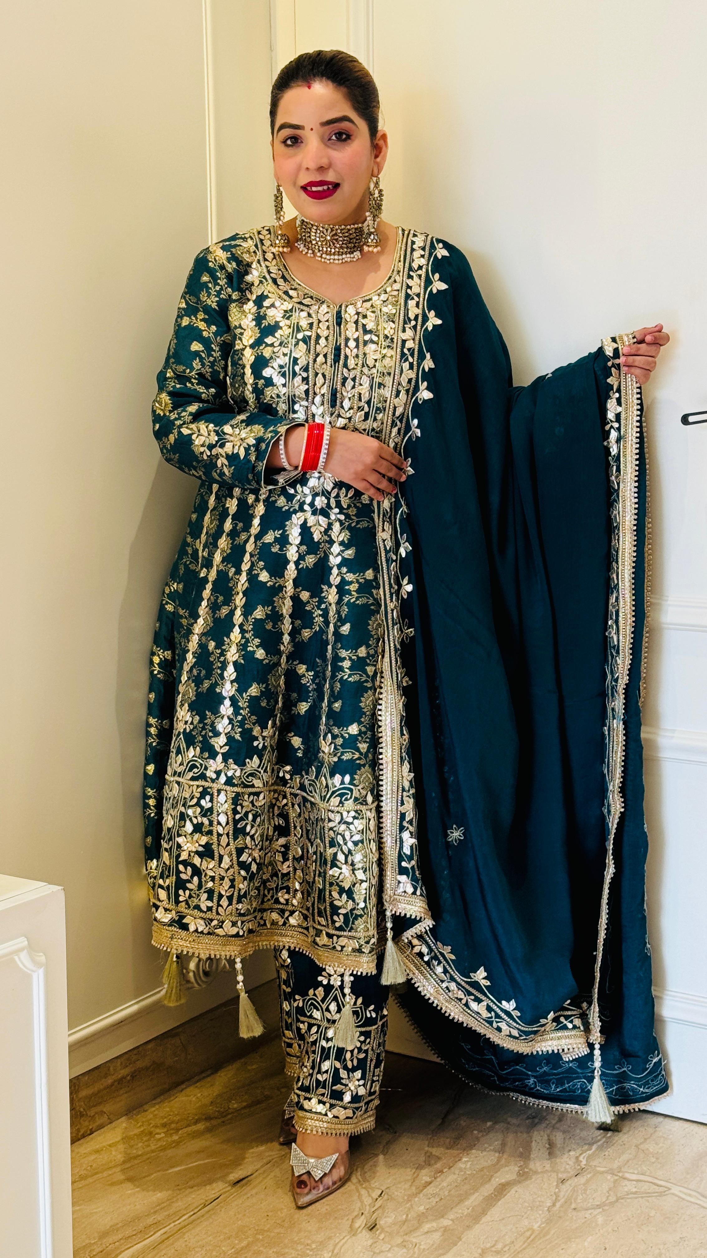 Blue Brocade Pure Anarkali Suit Set