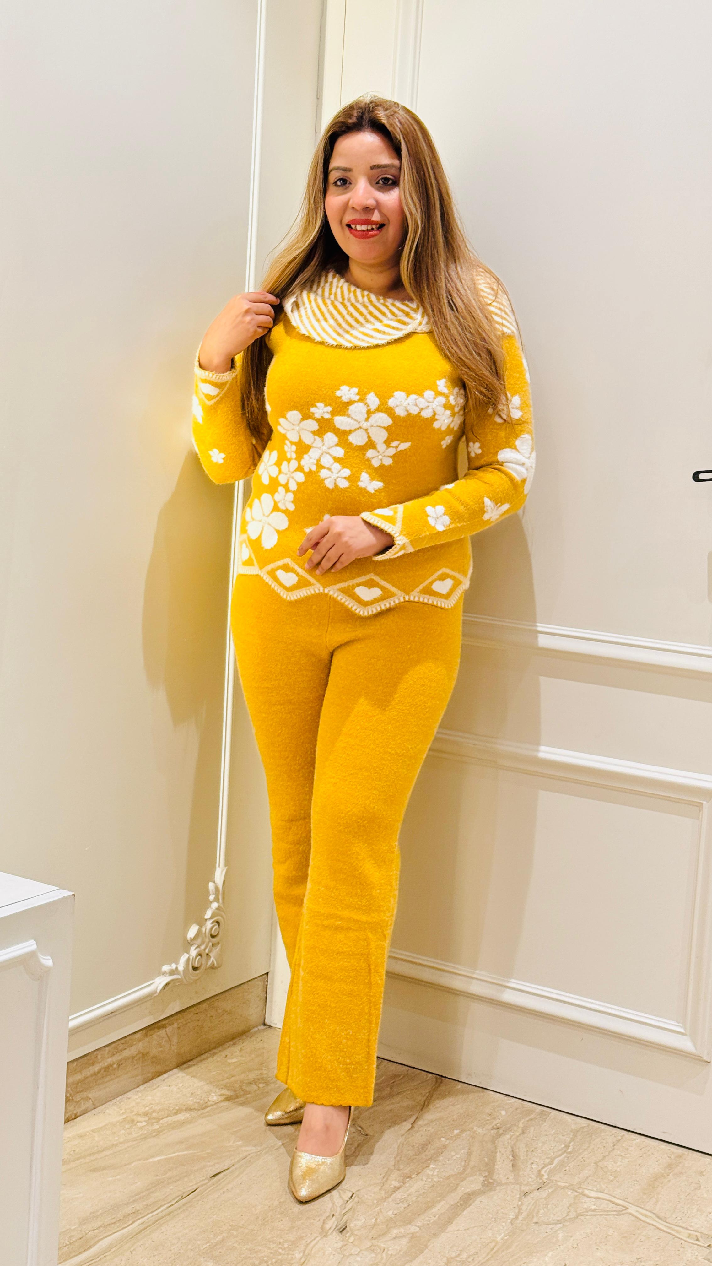 Yellow Stretchable Fur Warm Cord Set  – Free Size