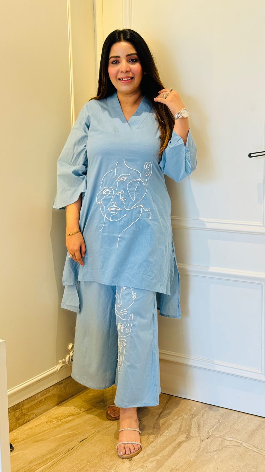 Sky Blue-High-Low Cotton Co-ord Set