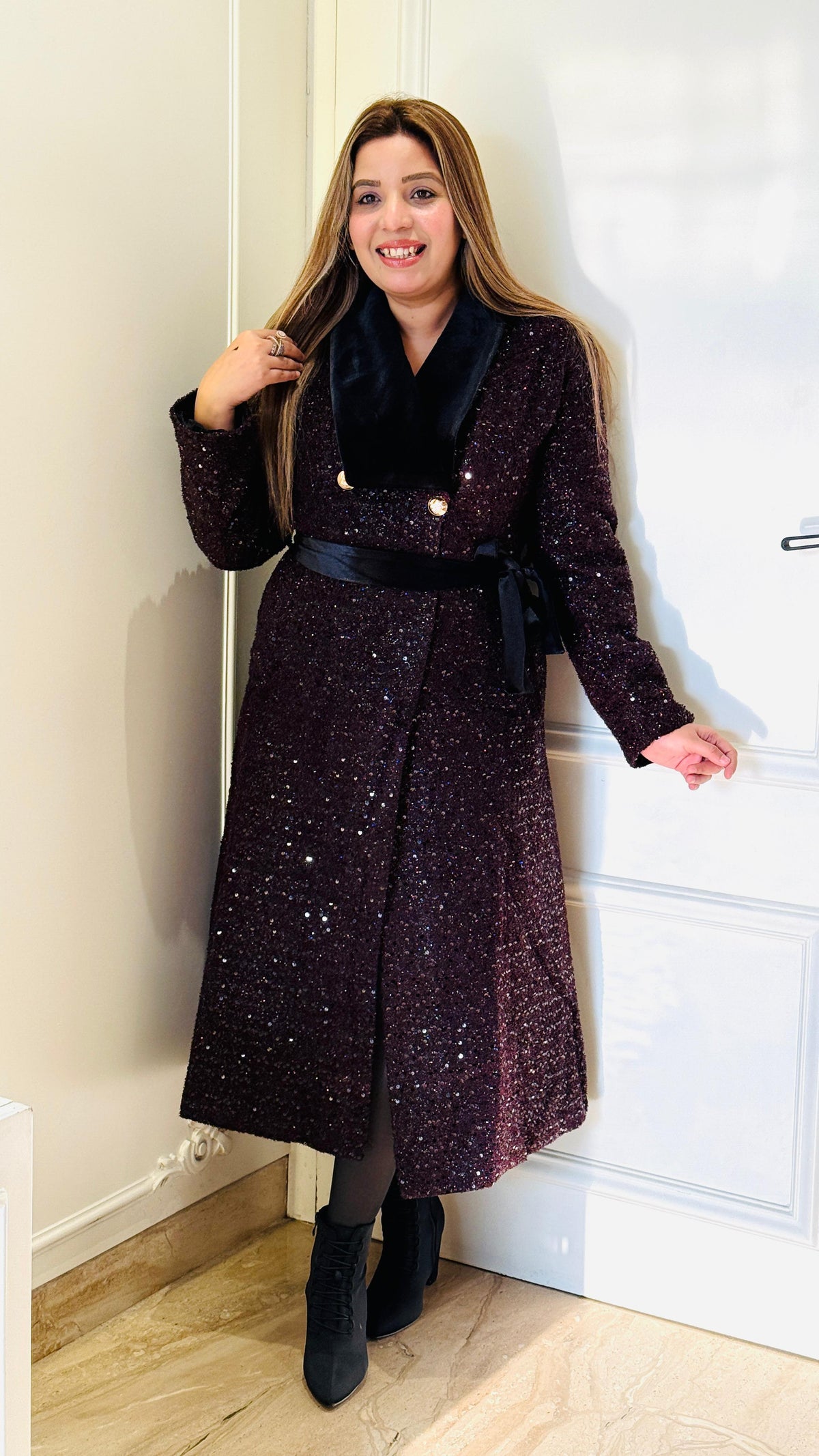 Wine Color Imported Premium Bling Fur Warm Long Coat with Velvet Collar and Black Velvet Belt