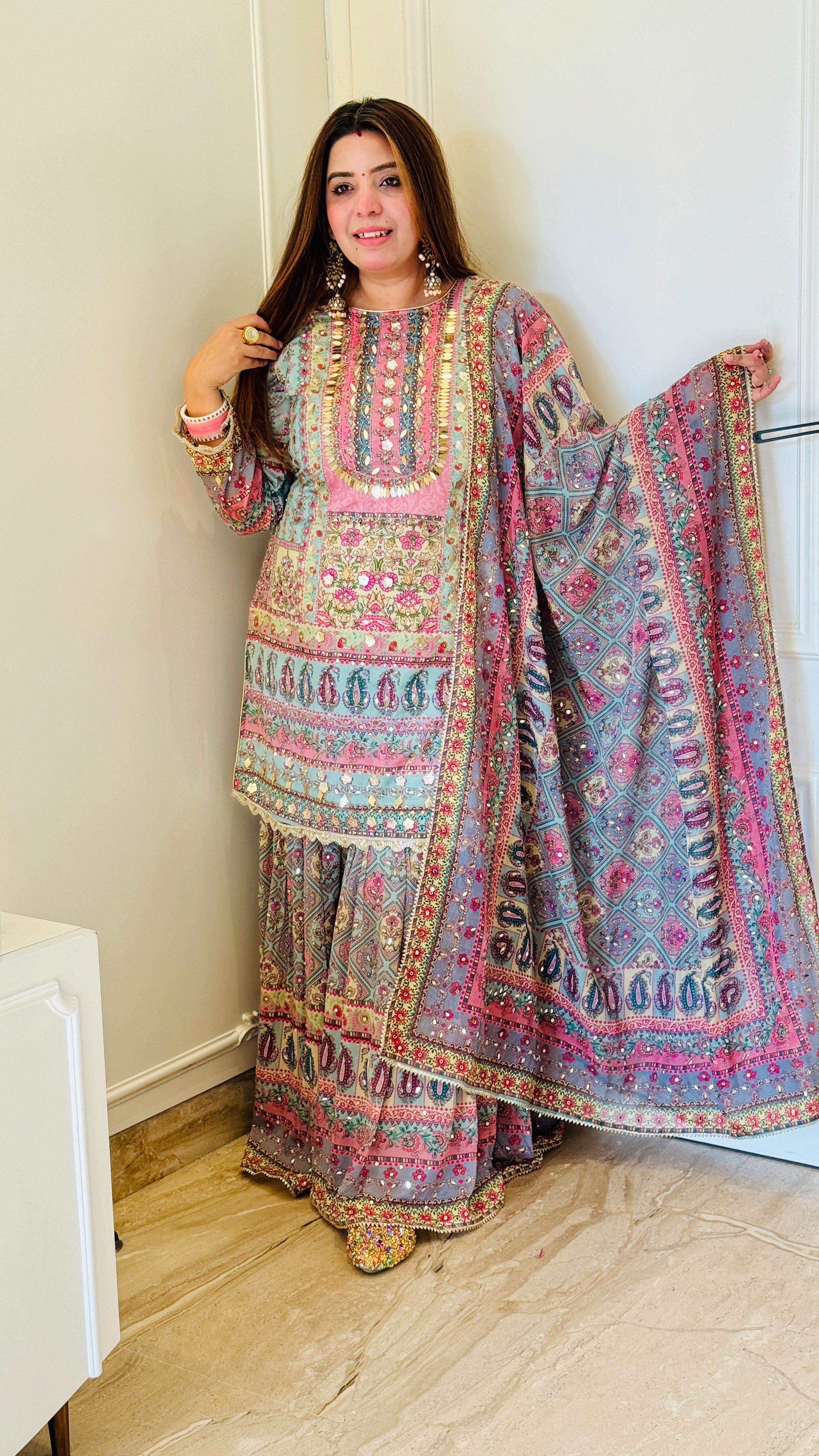 Georgette Sharara Suit with Handcrafted Work