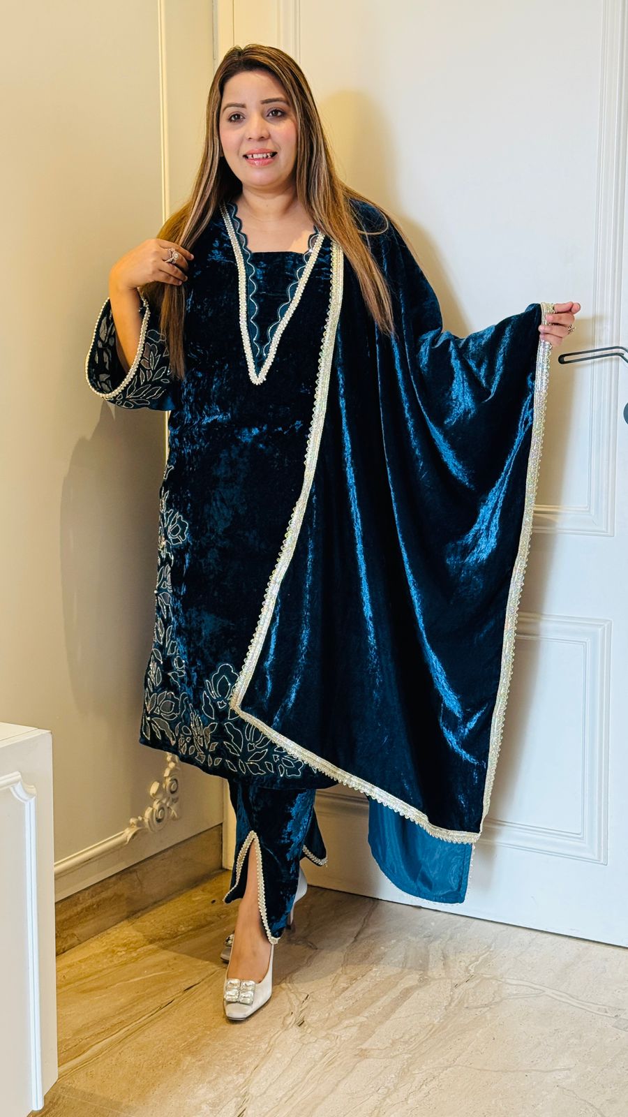 Blue Ice Crushed Velvet Suit Selfie Kurtiz Blue Ice Crushed Velvet Suit Selfie Kurtiz