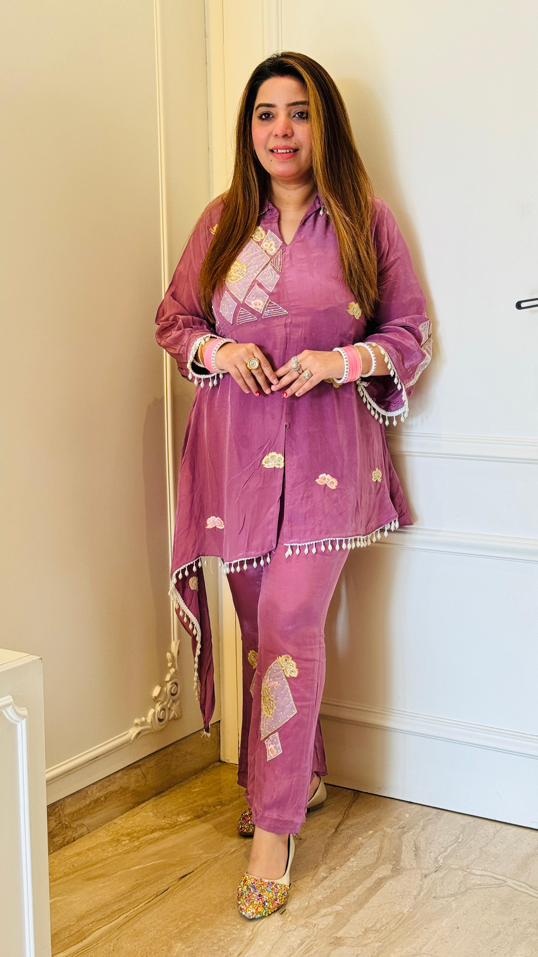 Pure Crepe Cordset with Cape and Handwork Detailing