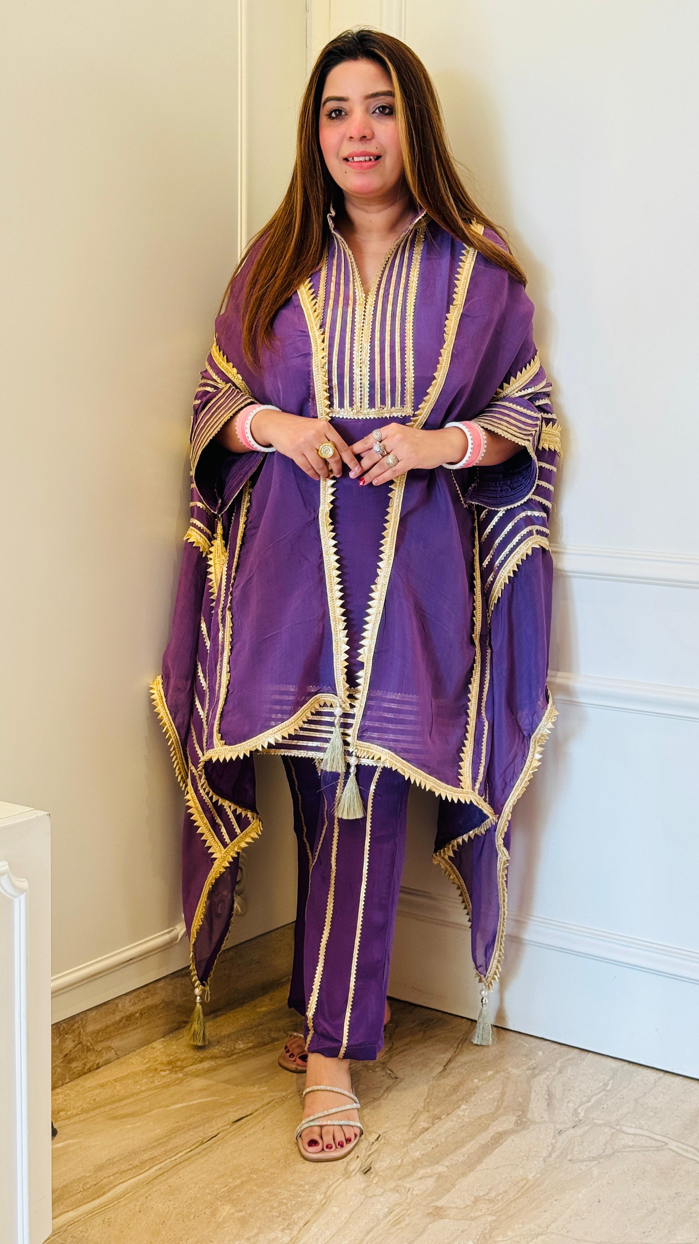 Purple Georgette Beige Cape Suit Set with Gotta Work