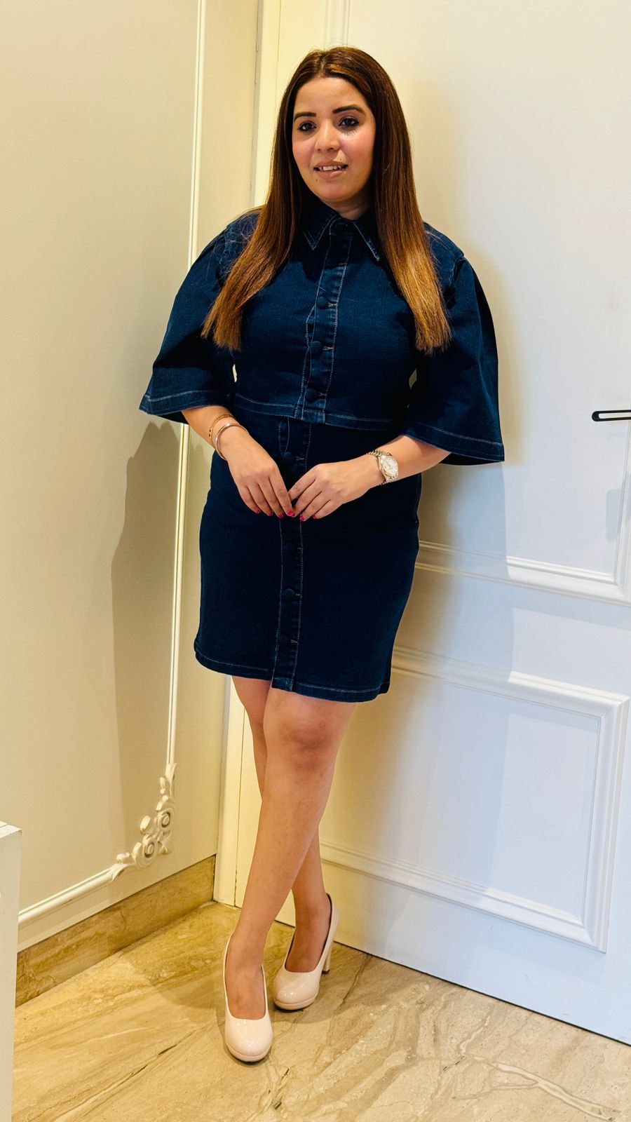 Stretchable Denim Crop Top & Skirt Set