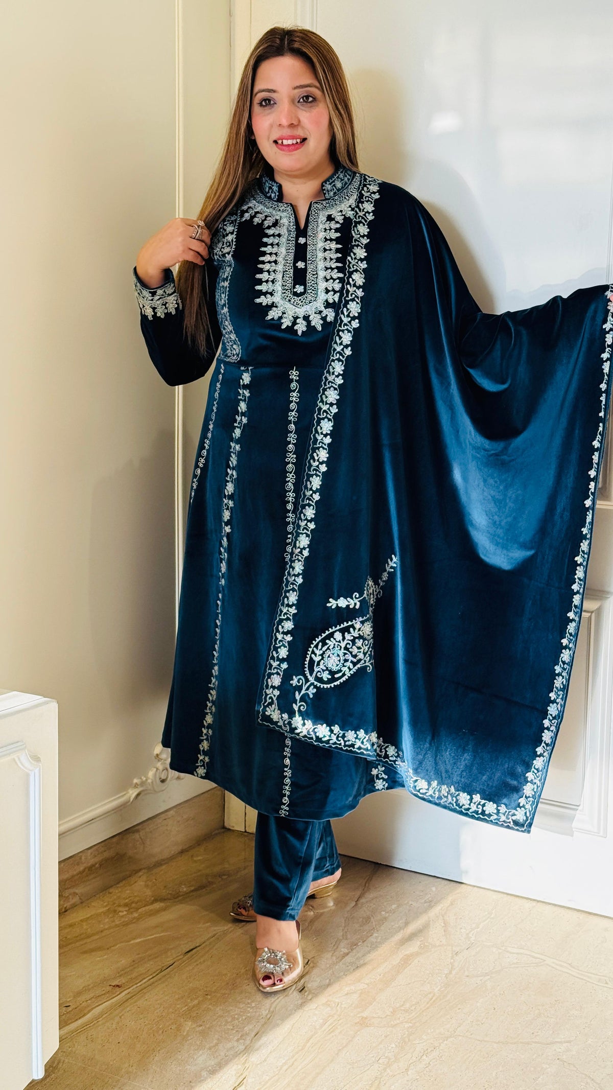 Teal Blue Velvet Soft Anarkali with Machine Work & Dupatta