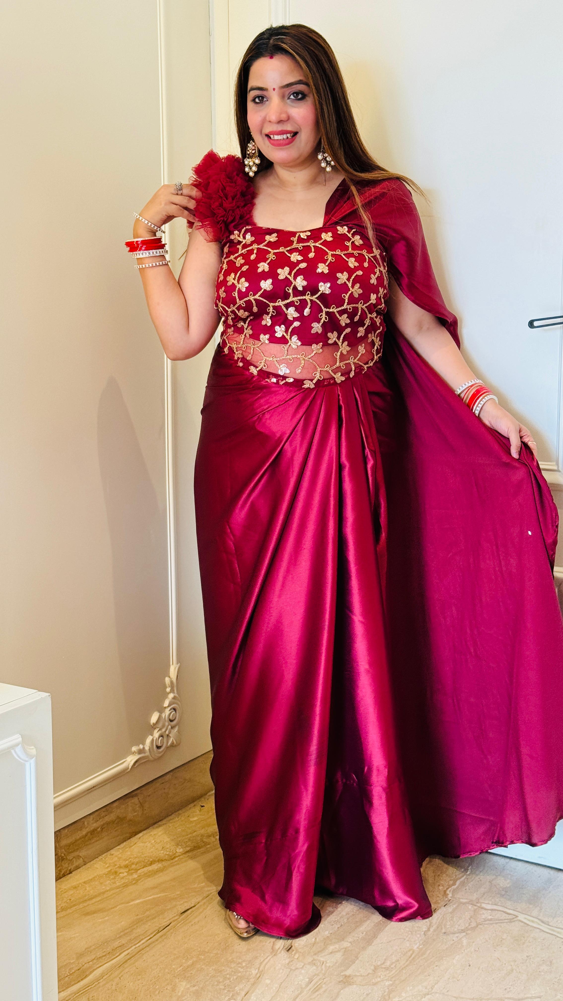 Hot Pink Satin Drape Saree with Statement Sleeves