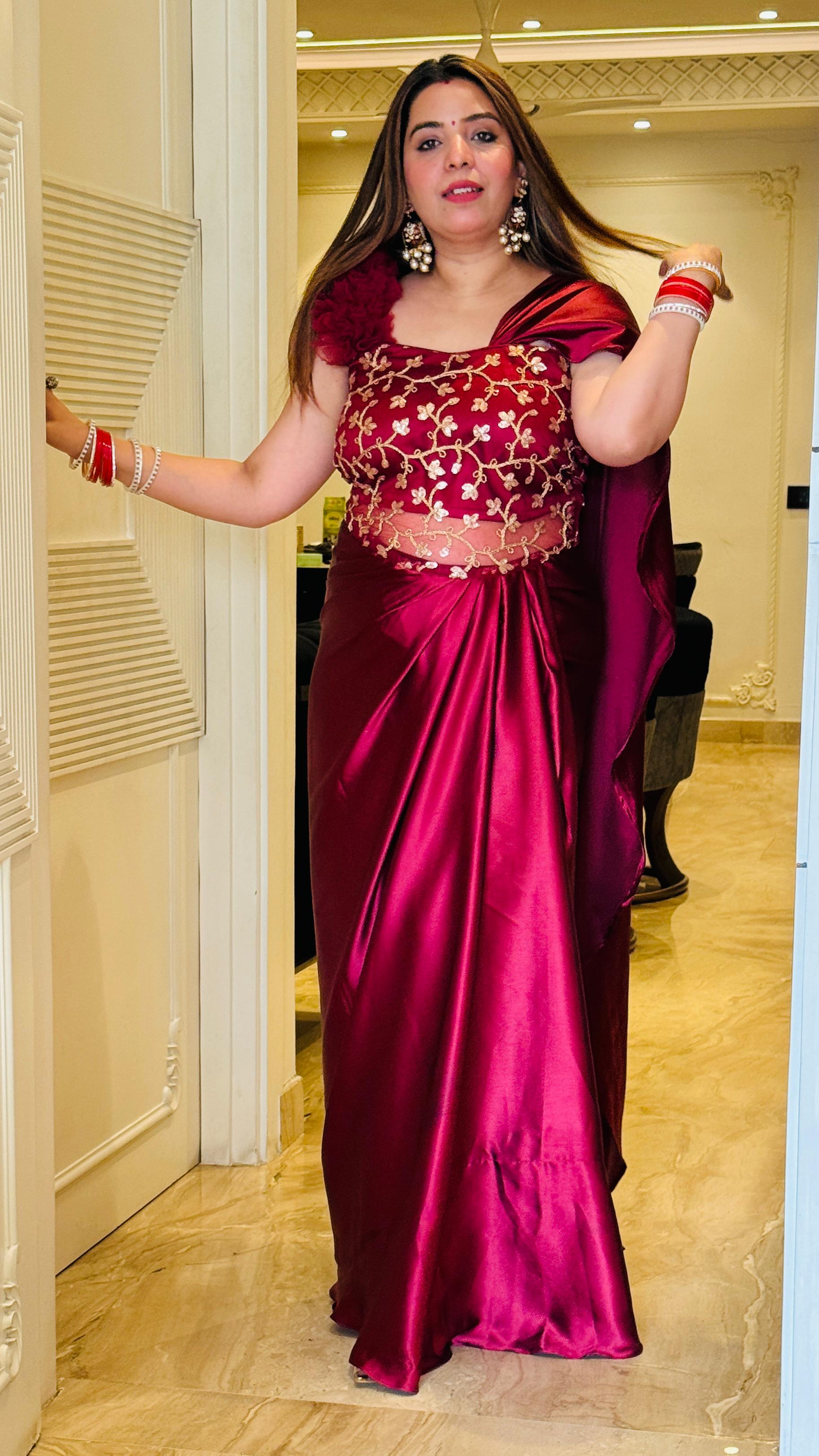 Hot Pink Satin Drape Saree with Statement Sleeves