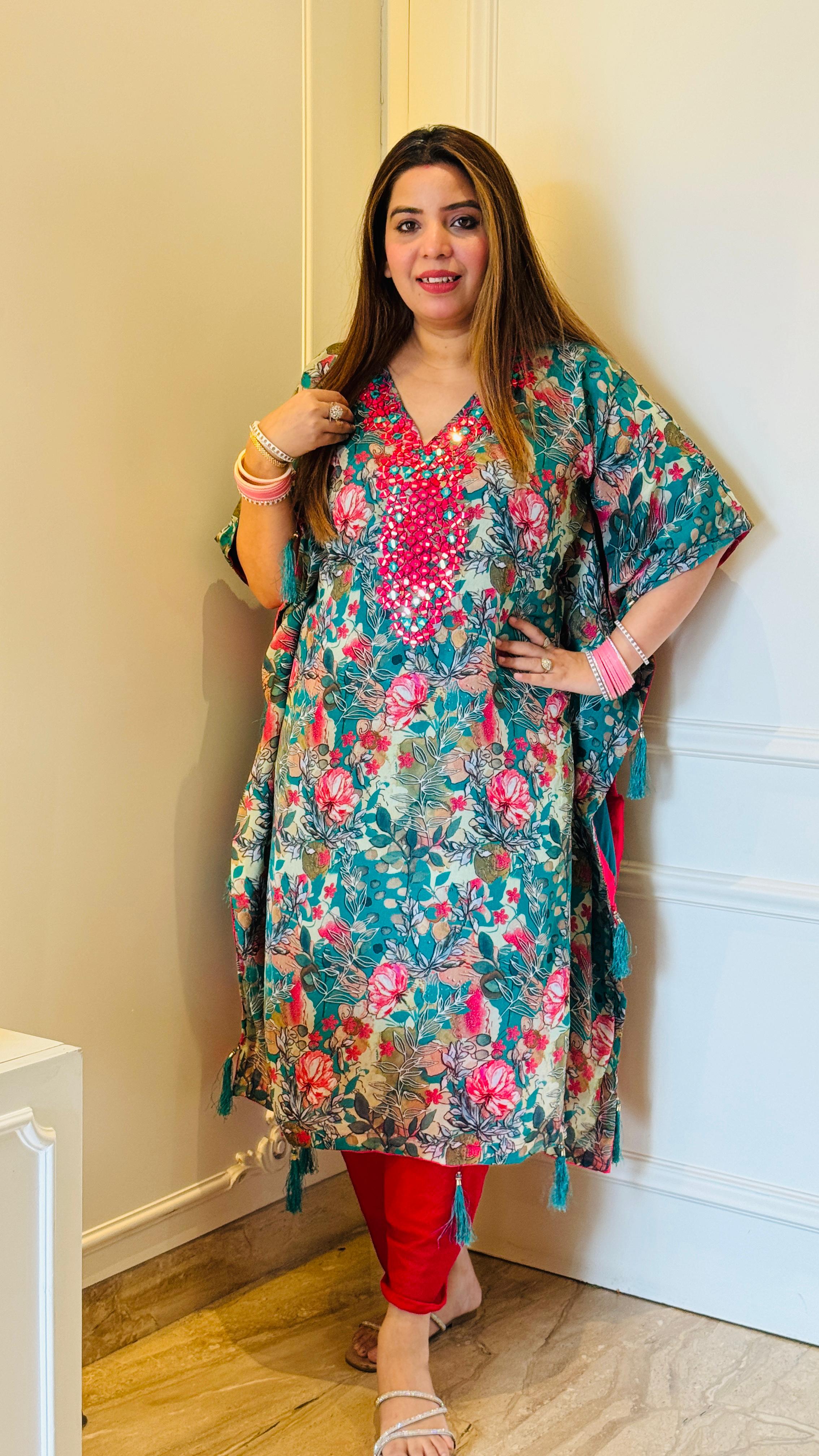 Chinnon Kaftan Dhoti Set with Mirror Handwork