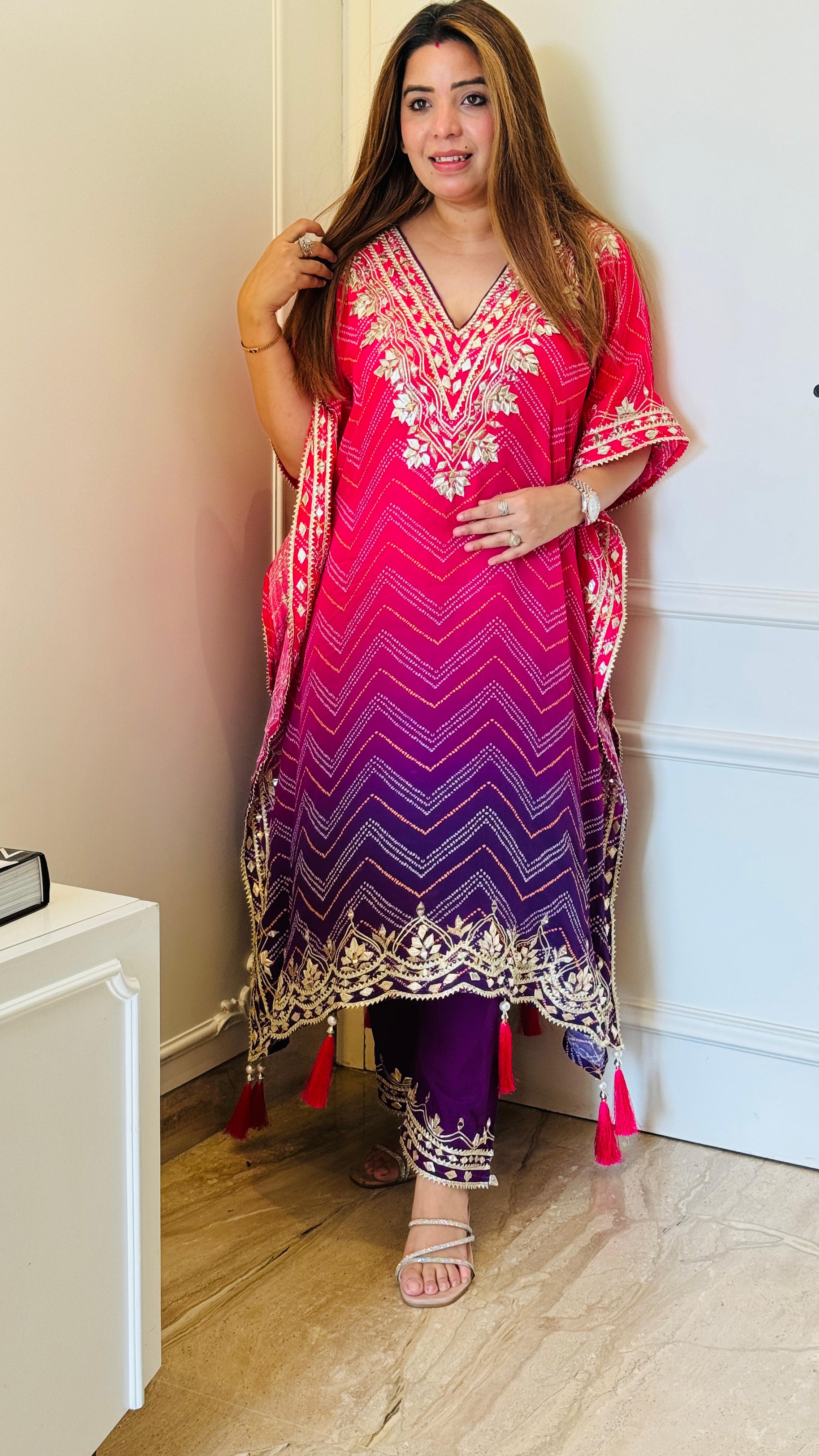 Crape Bandhani Kaftan – Ombre & Gotta Work