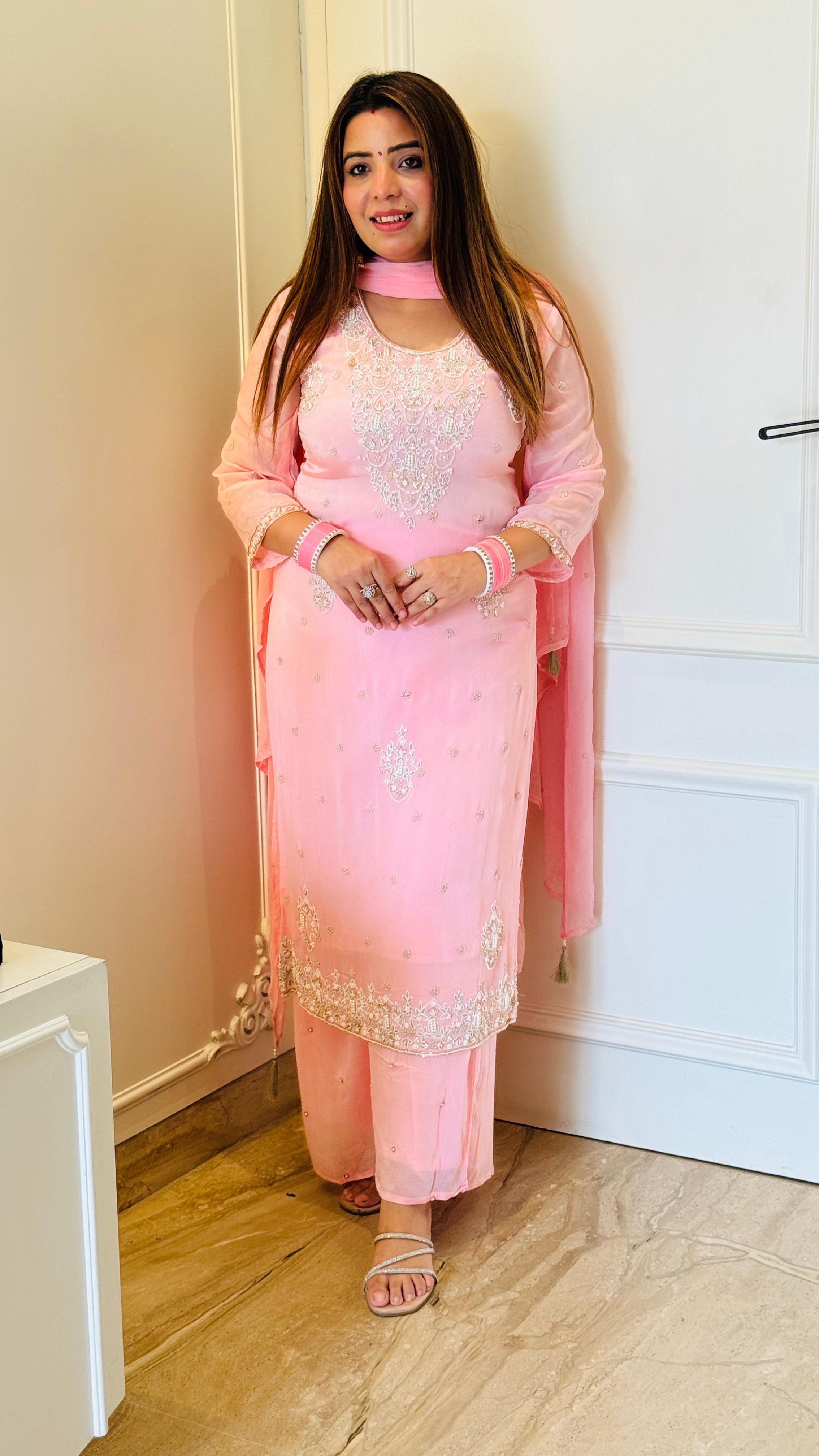 Pure Chinnon Handwork Suit Set with Chiffon Dupatta