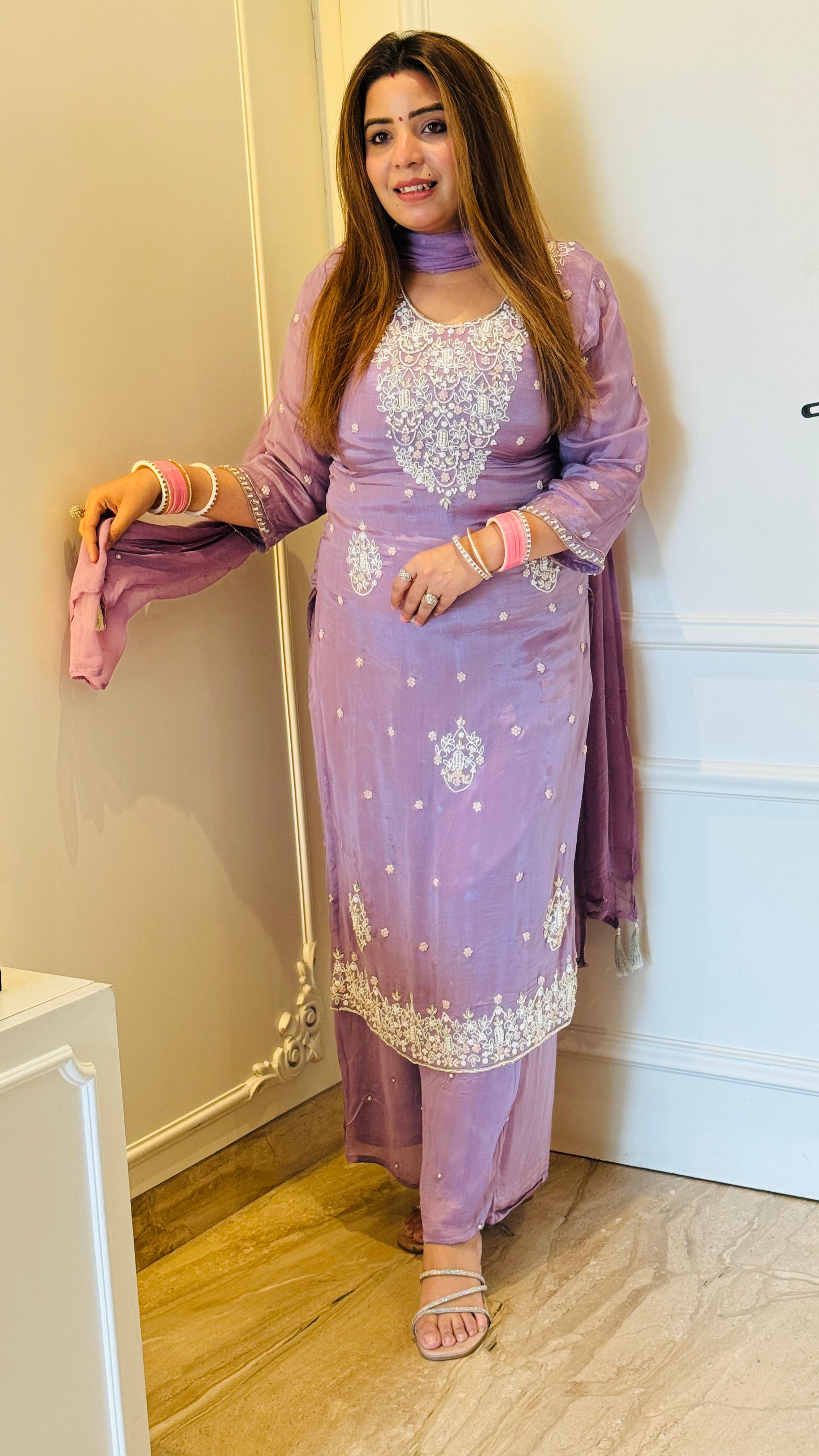 Pure Chinnon Handwork Suit Set with Chiffon Dupatta