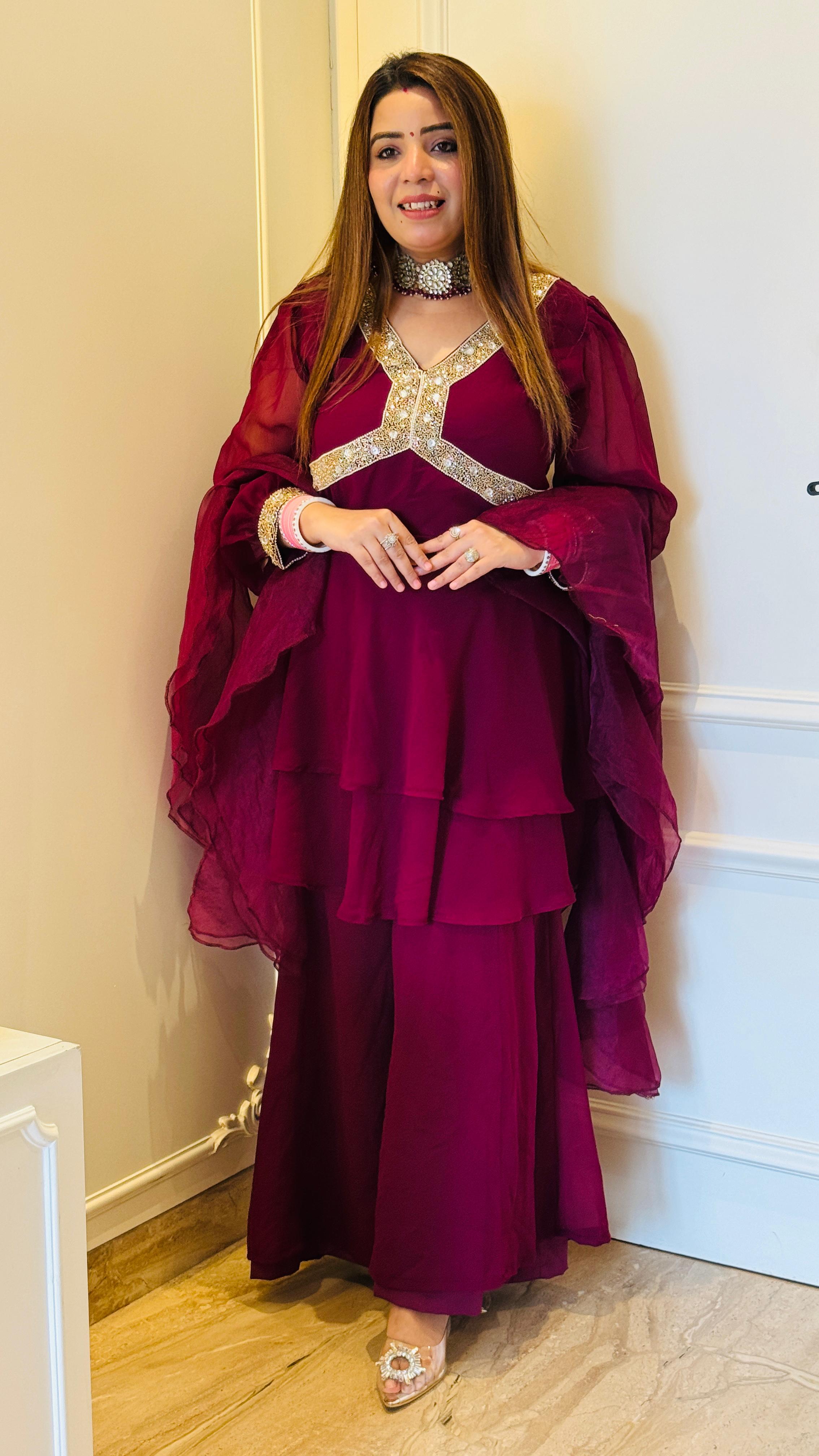 Georgette Designer Peplum Suit Set with Ruffle Dupatta