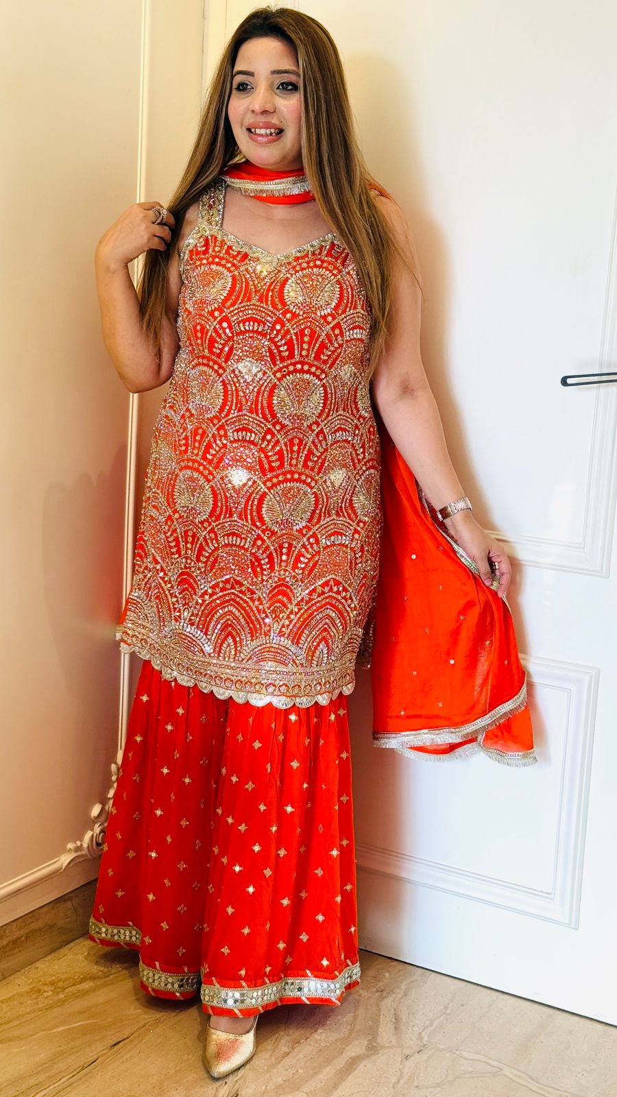 Orange Viscose Georgette Suit Set