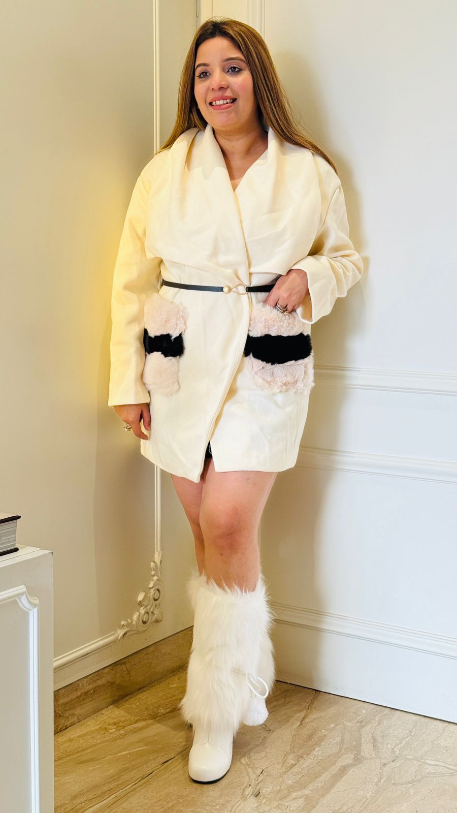 White Warm Long Coat with Fur Pockets