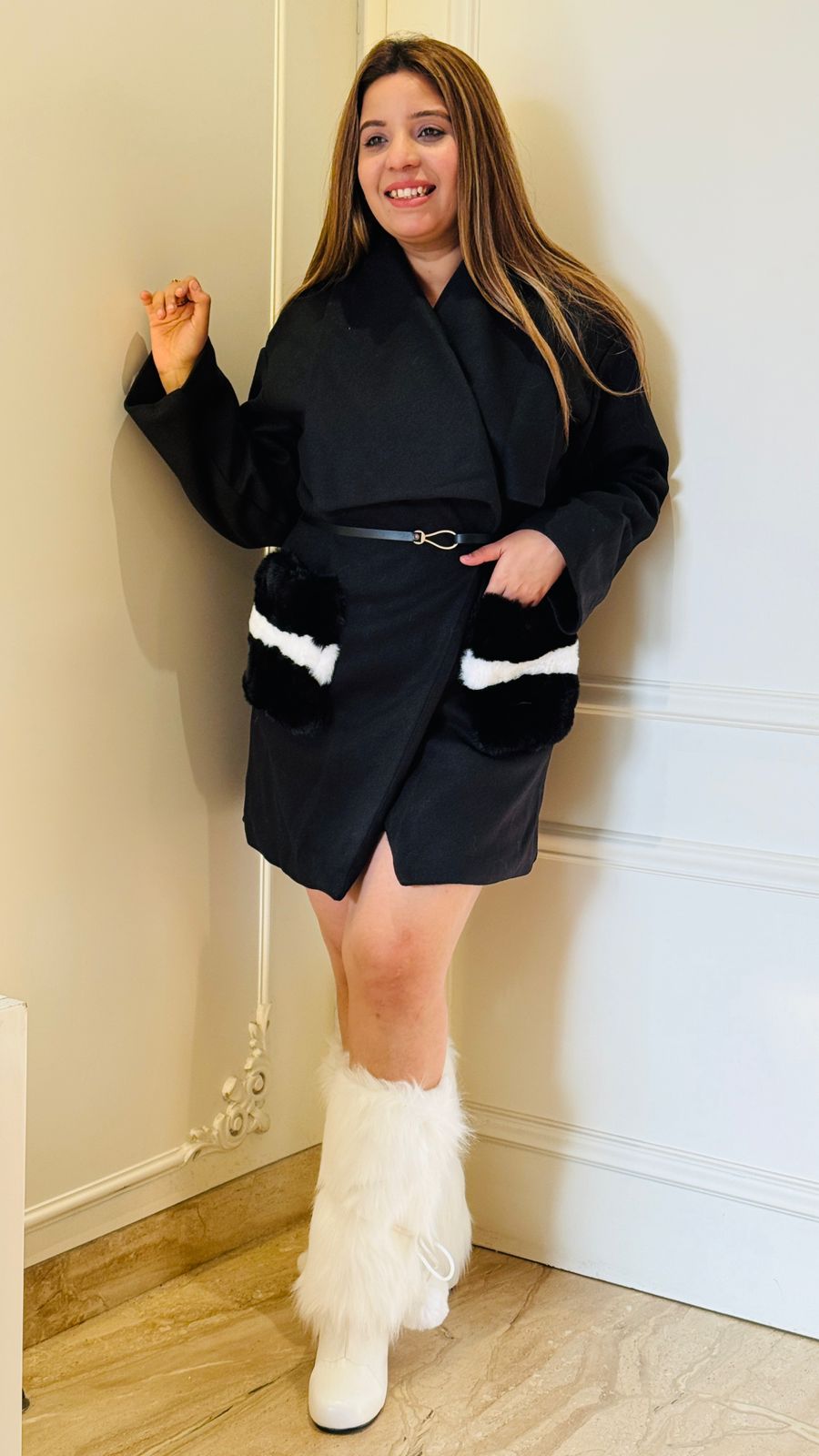 Black Fur Pocket Long Coat