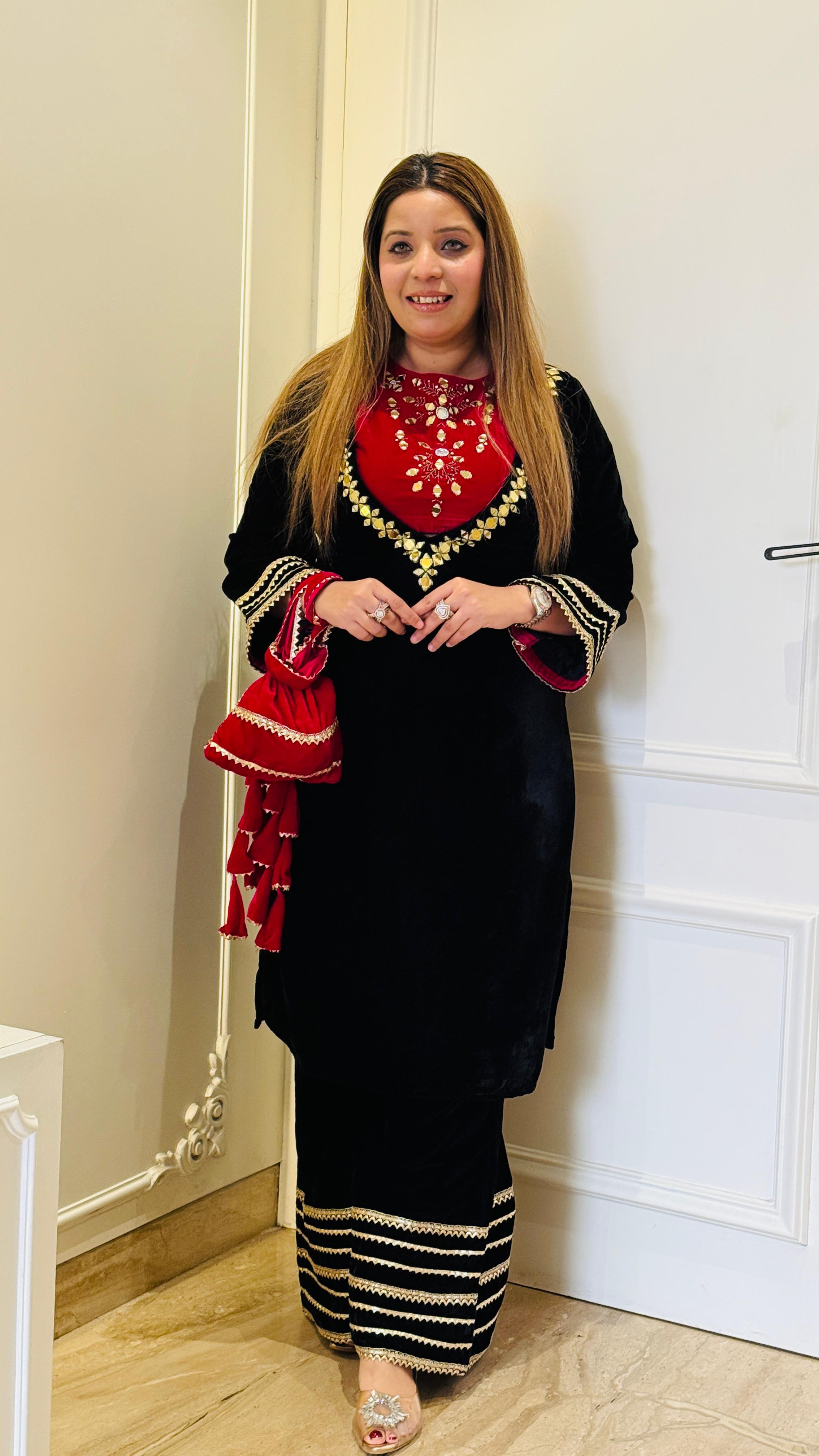 Velvet Indo-Western 3-Piece Set with Handworked Blouse & Potli Bottom – Exclusive by Selfie Kurtiz