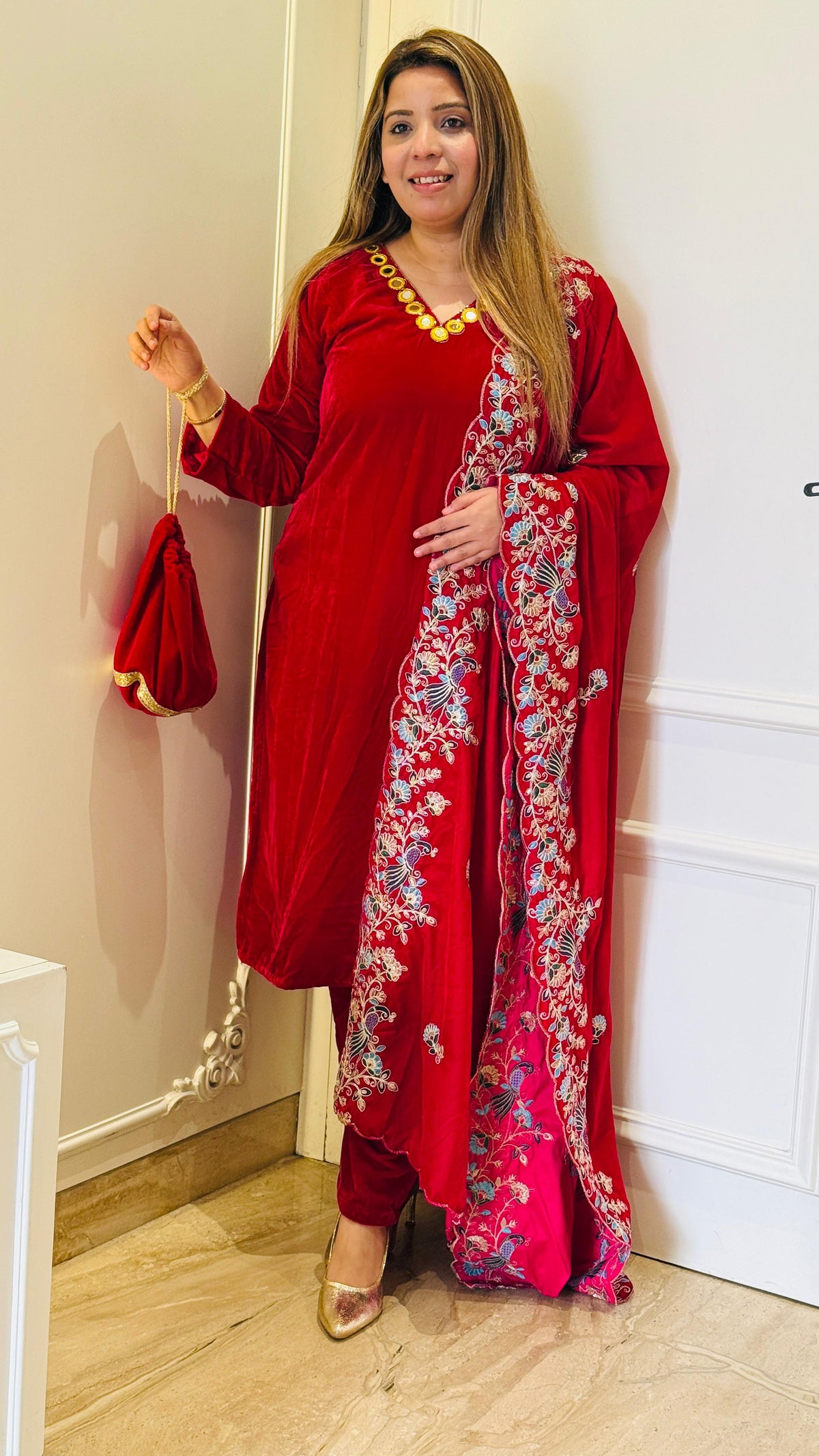 Velvet Suit Set with Embroidery Work & Matching Potli – Luxe Ethnic Wear by Selfie Kurtiz