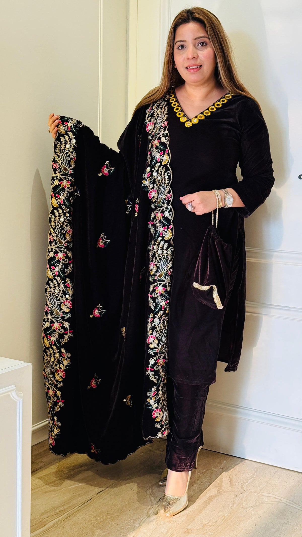 Black Velvet Embroidered Suit Set