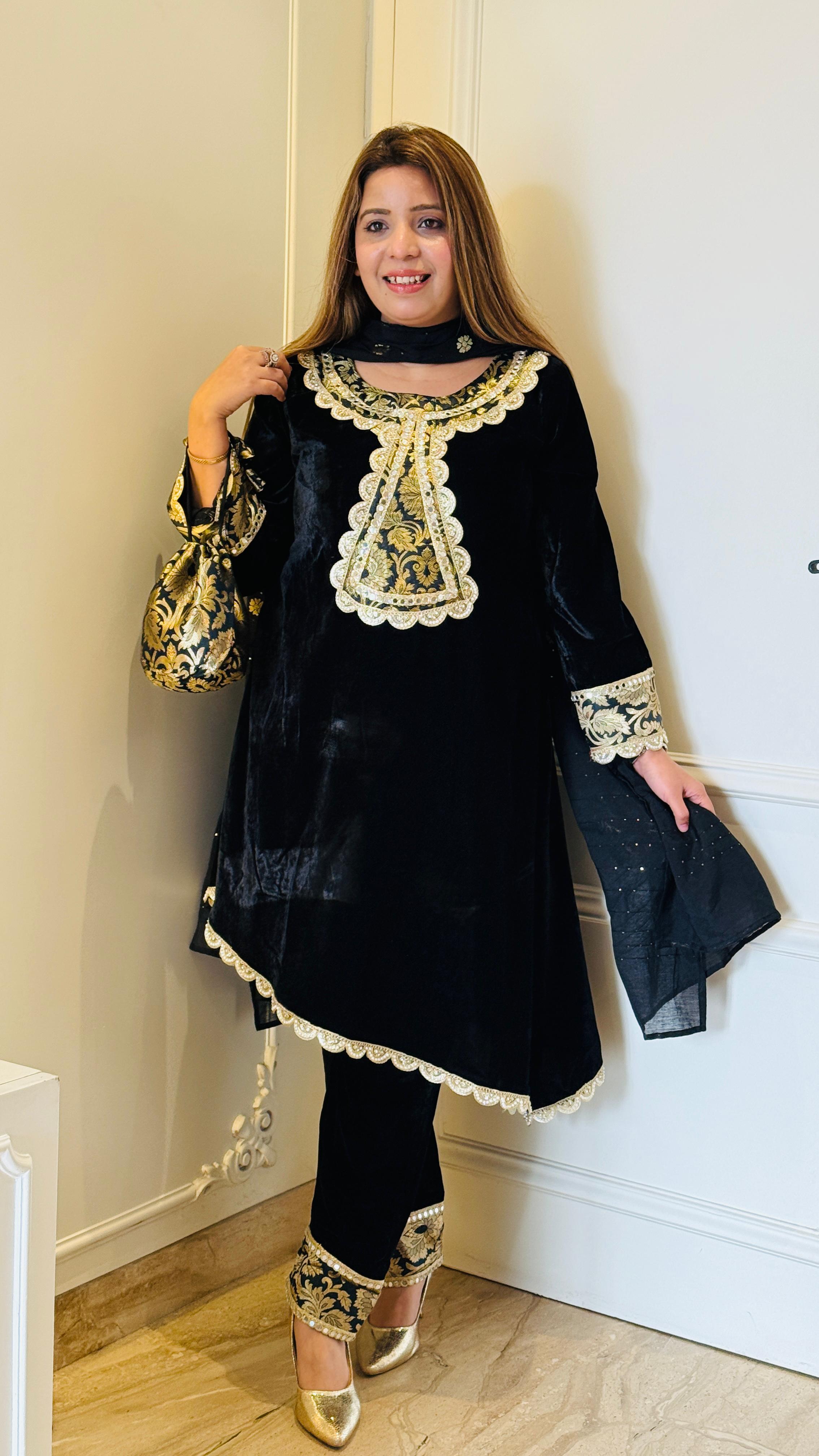Velvet Suit Set with Brocade Detailing, Dupatta & Coordinated Potli