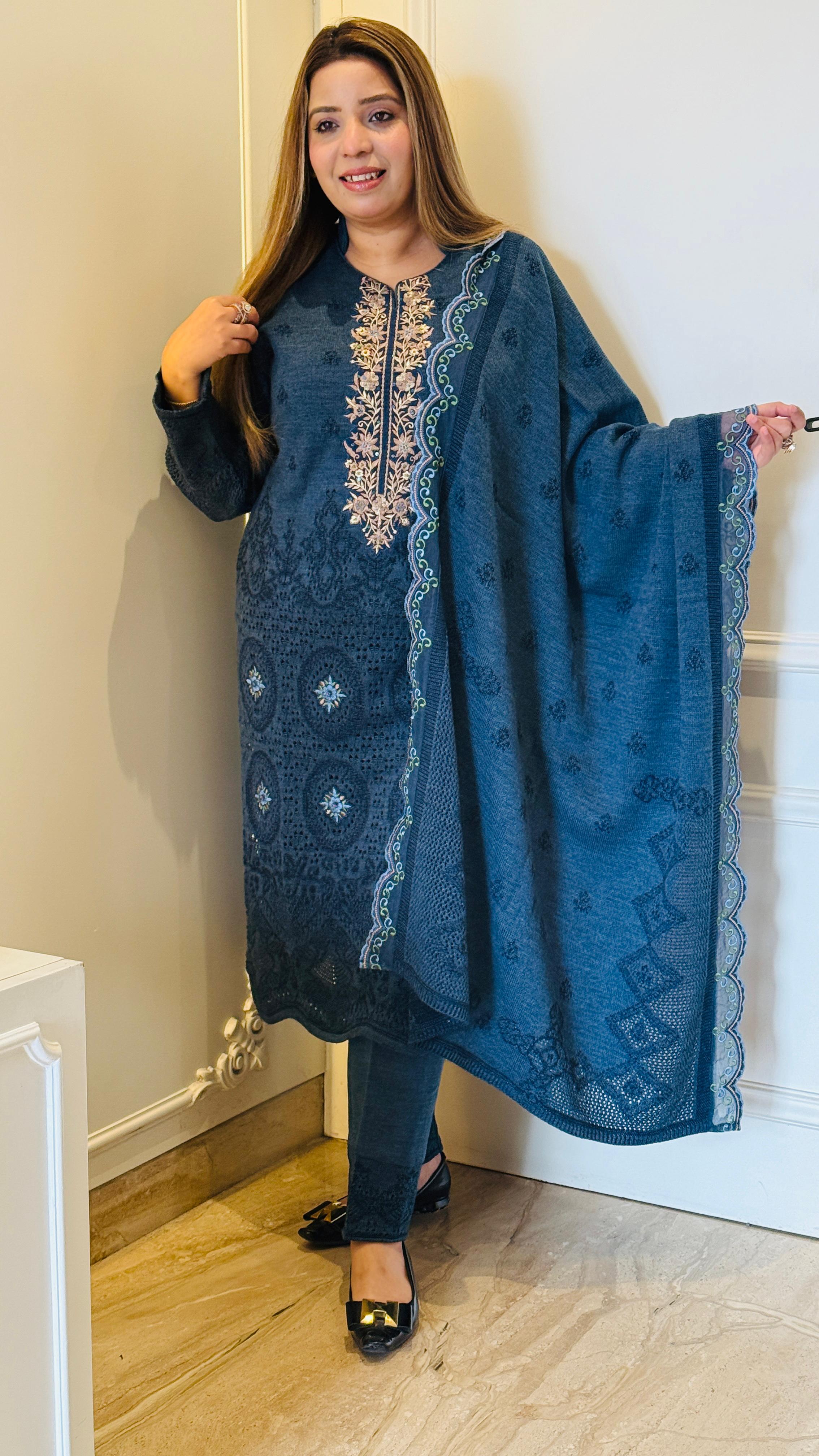 Blue Knit Wool Suit Set