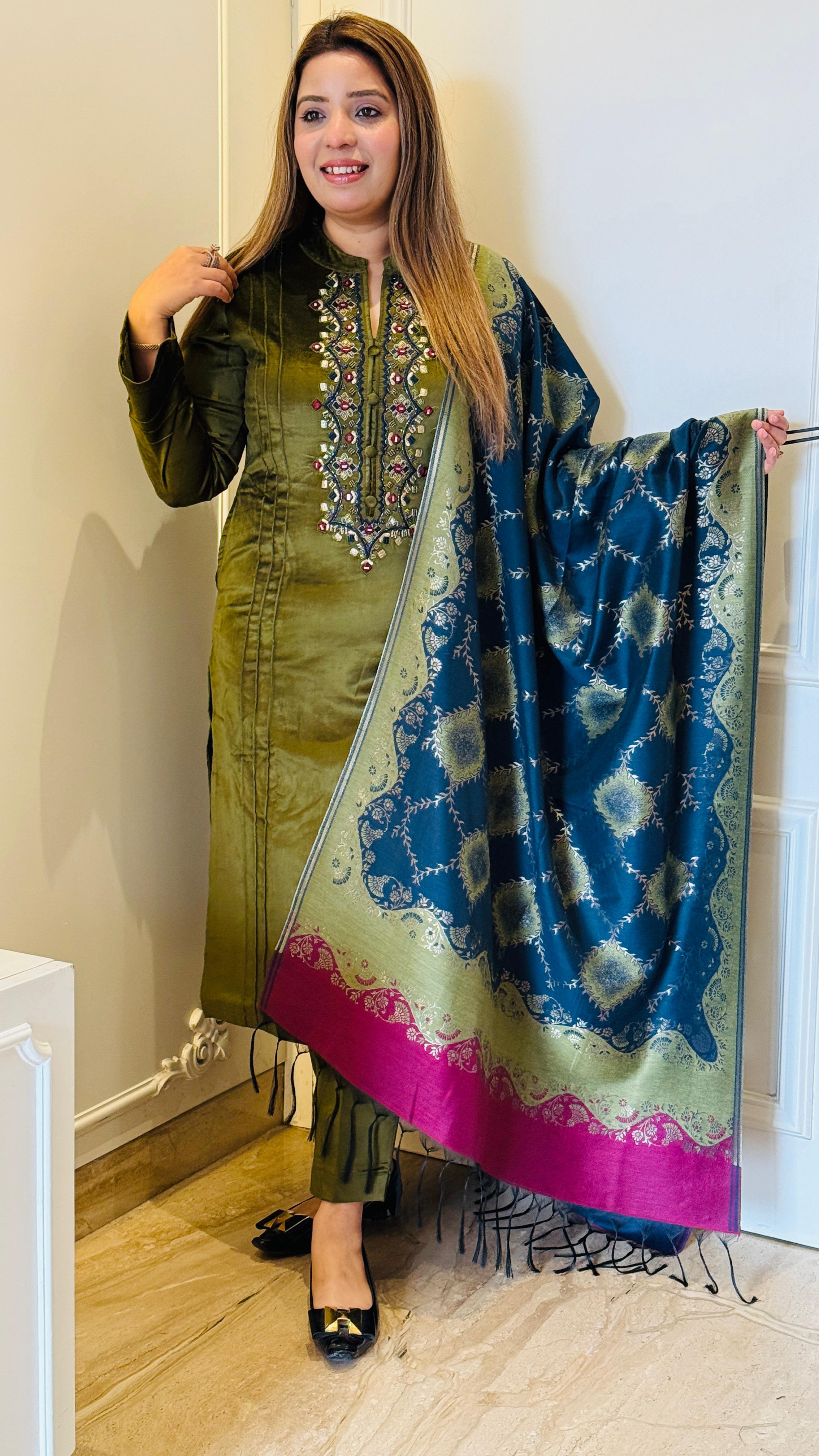 Green Stretchable Velvet Suit with Banarasi Dupatta