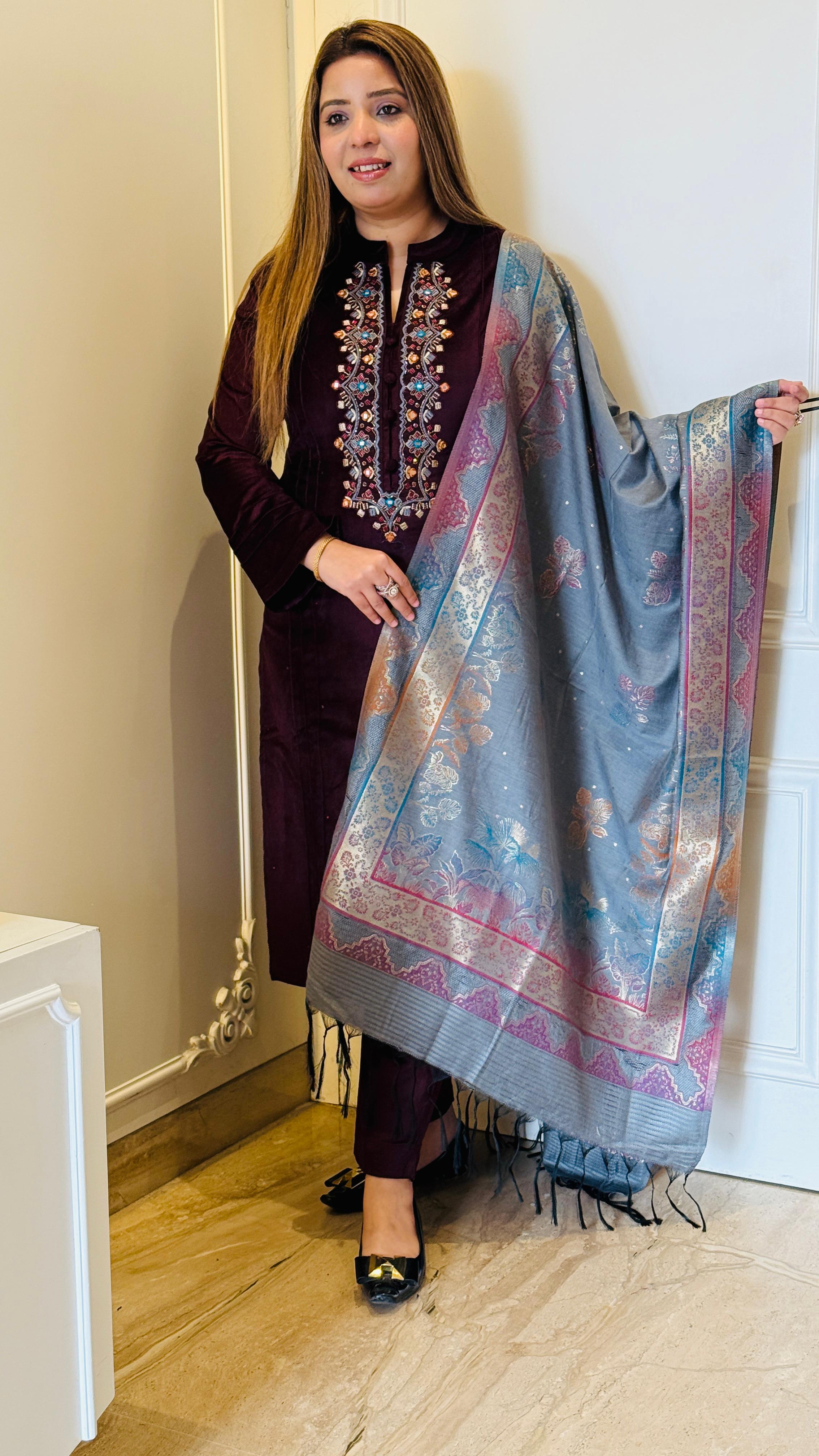 Wine Lightweight Stretchable Velvet Suit with Handwork