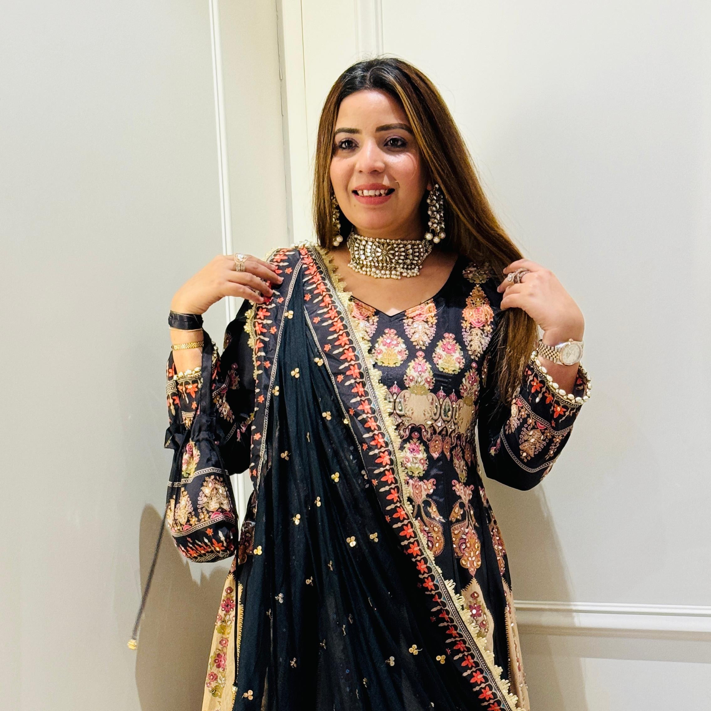 Crepe Digital Print Suit with Sequin & Mirror Detailing