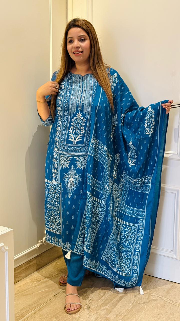 Maslin Handwork Suit Set- Blue