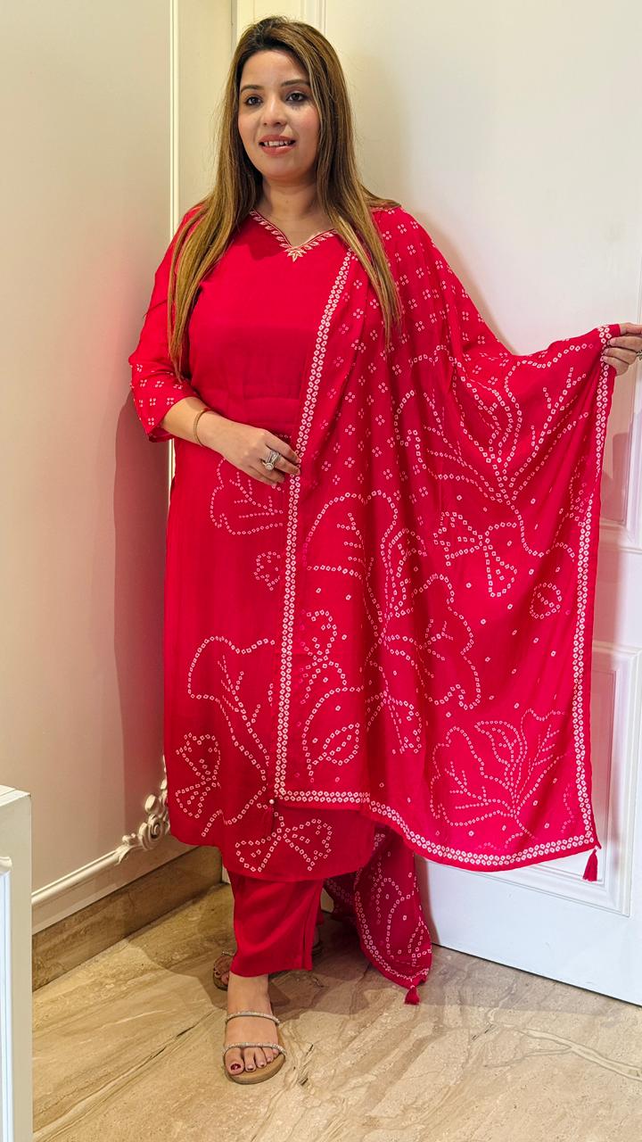 Noor Bandhej Suit Set- Red, Blue