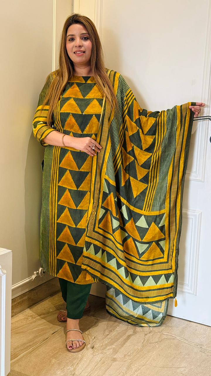 Zayra Elegance Maslin Suit Set- Green, Blue