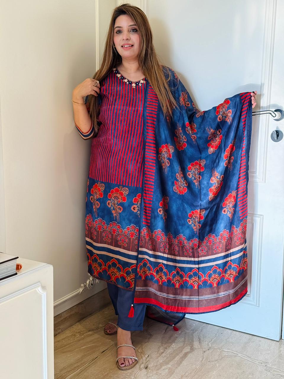 Inara Royale Maslin Suit Set- Blue & Red