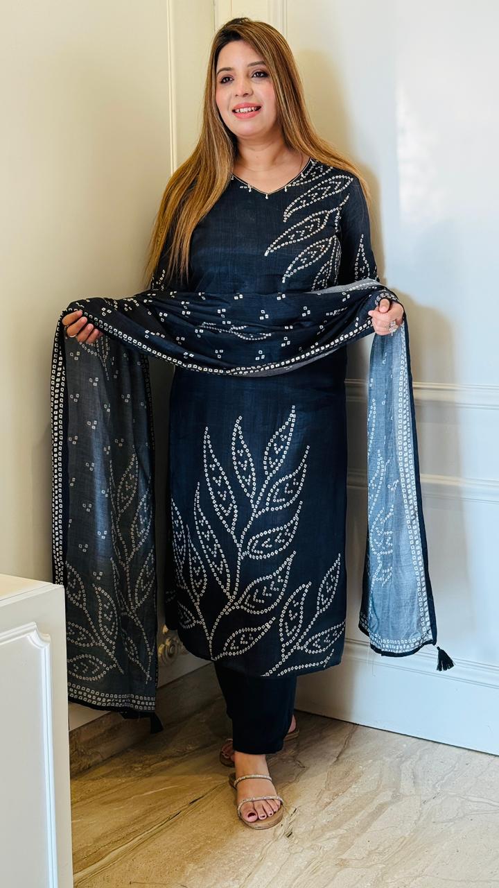 Navy Blue Bandhej Suit Set