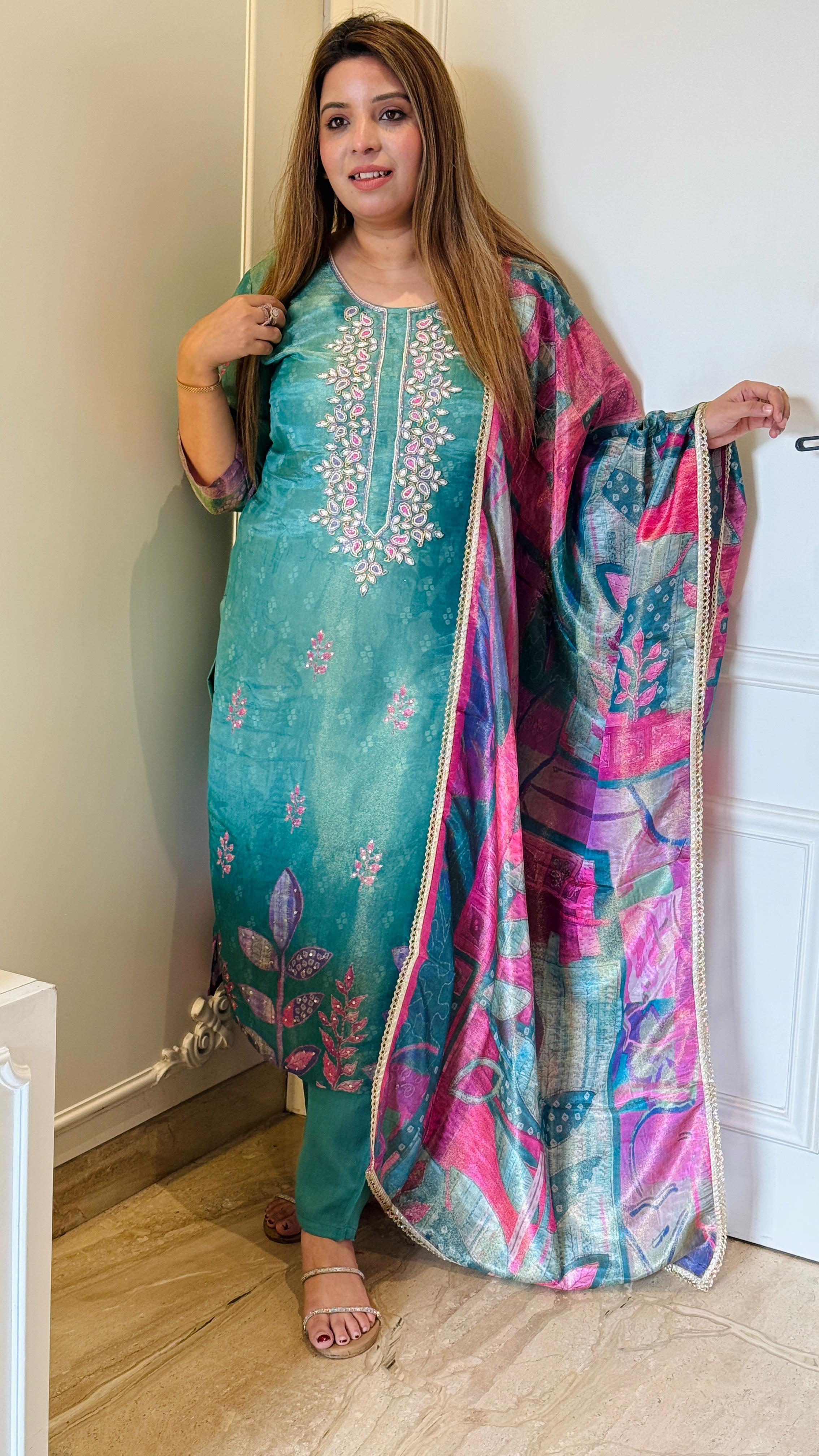 Yellow & Blue Two Stone Shimmer Suit Set