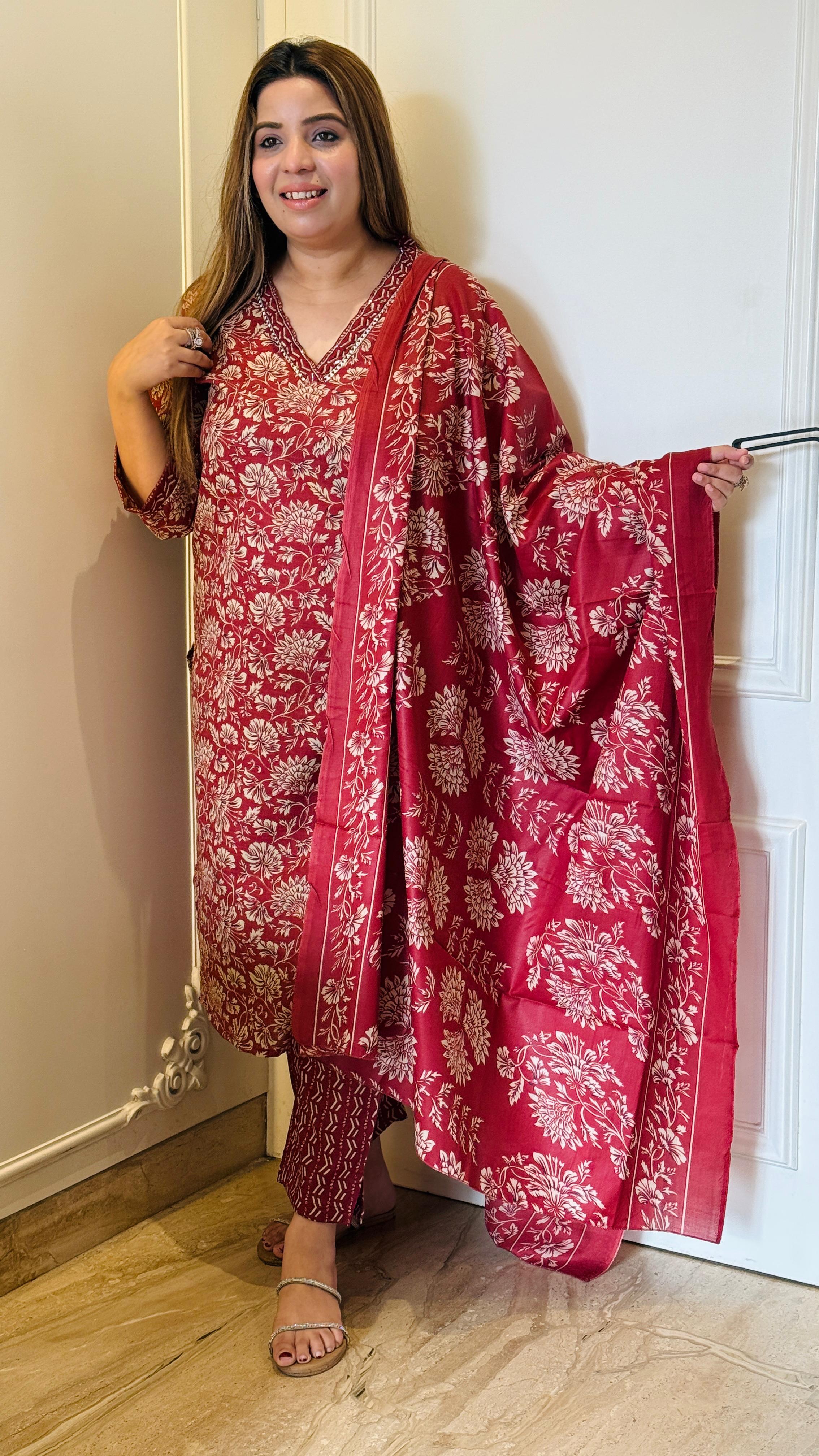 Senvya Cotton Suit Set- Blue & Red