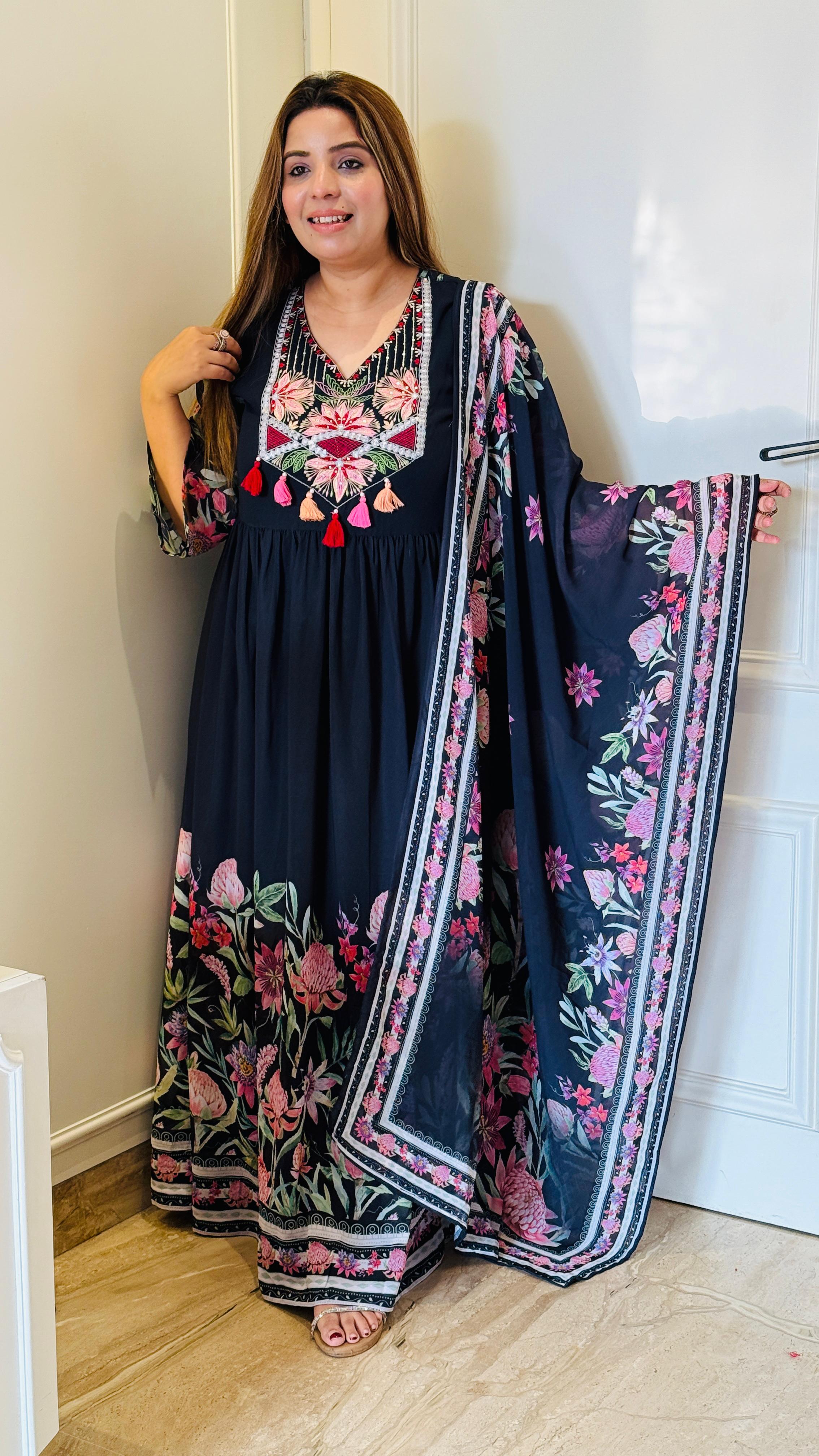 Gulbahar Grace Anarkali – Blue & White