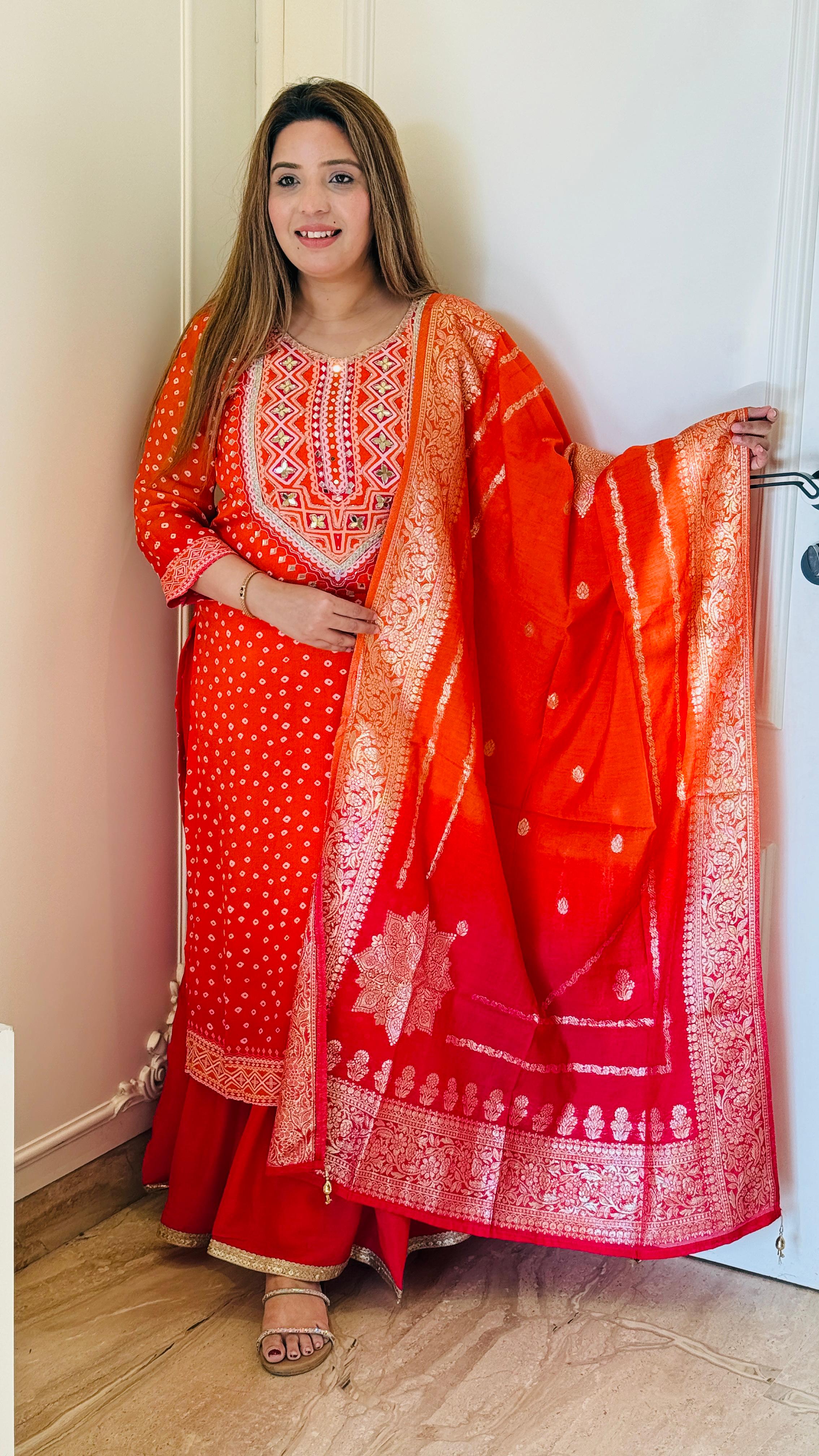 Orange & Purple Bandhani Mystique Georgette Suit Set