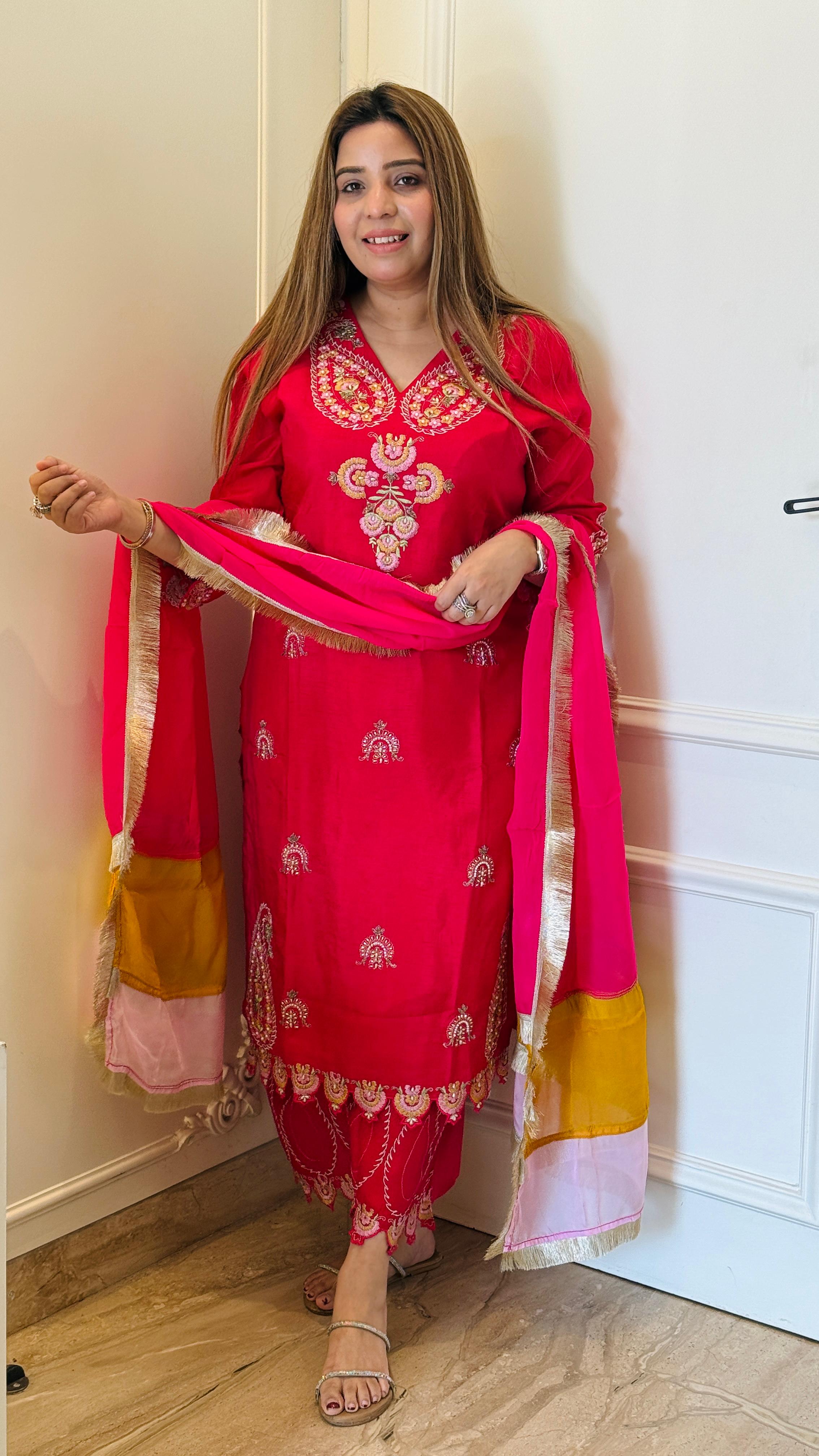 Noor Dola Silk Suit Set- Hot Pink