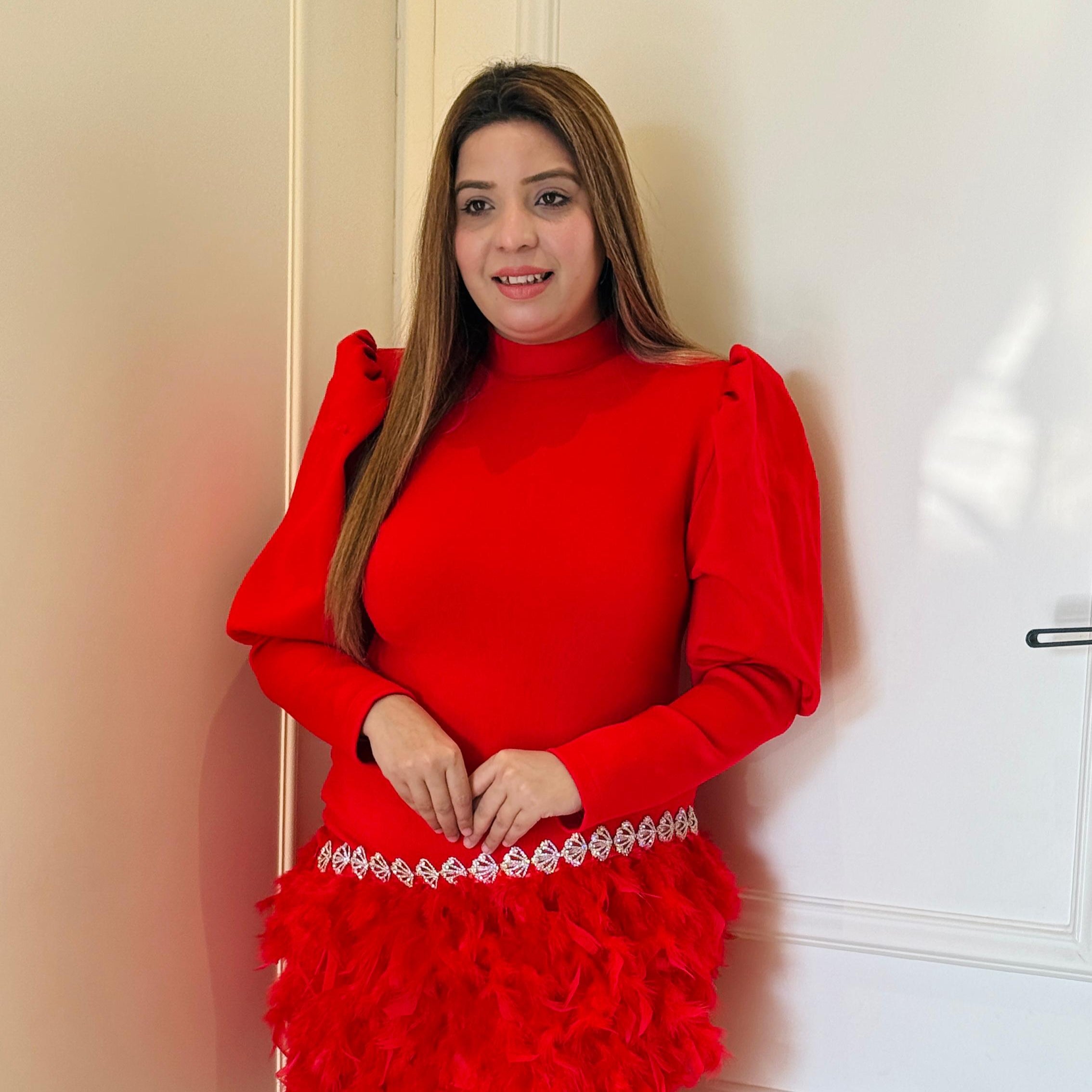 Red & Black Zayna Luxe Power Shoulder Dress