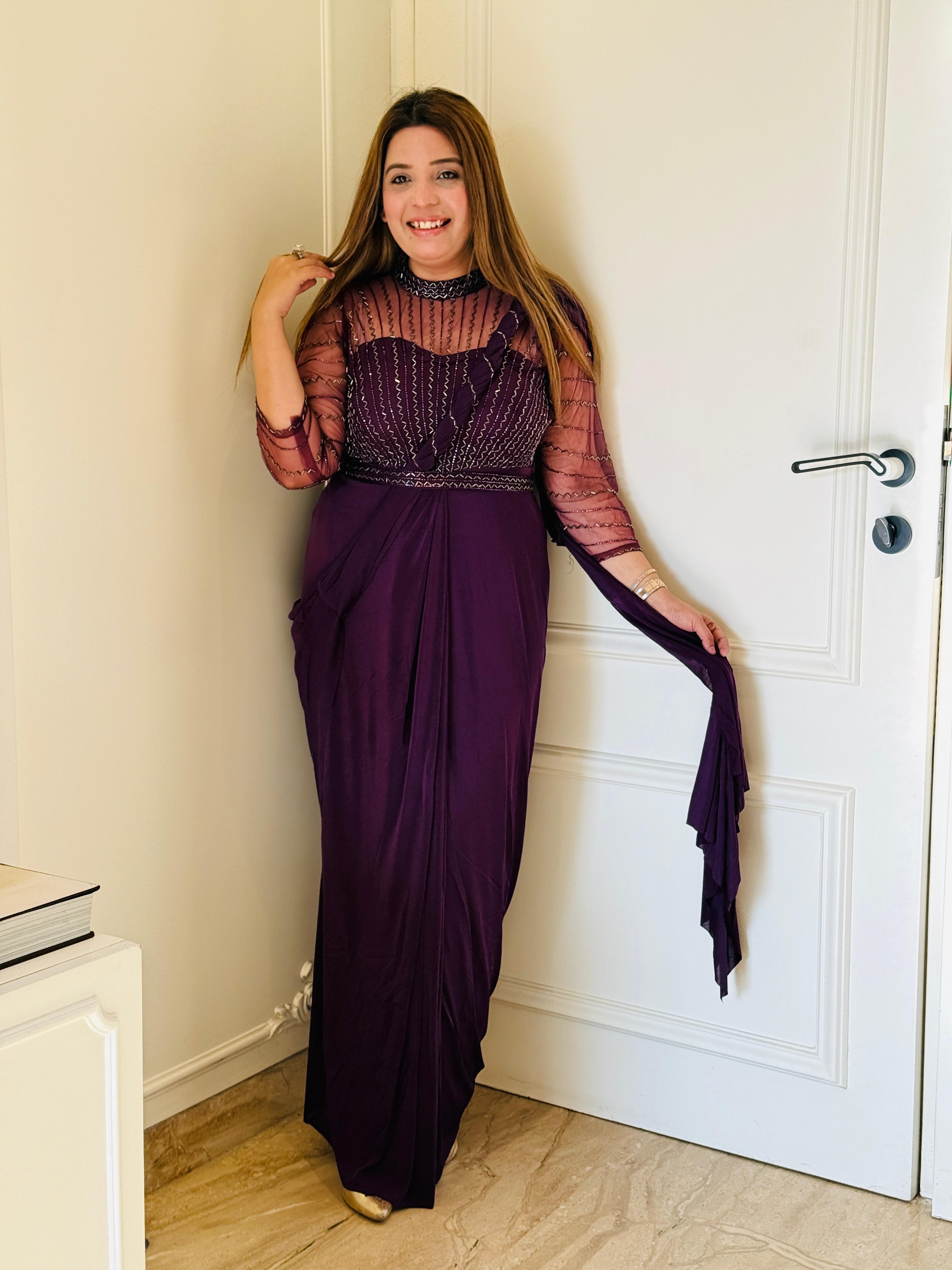 Amara Purple Lycra Saree with Handwork Belt