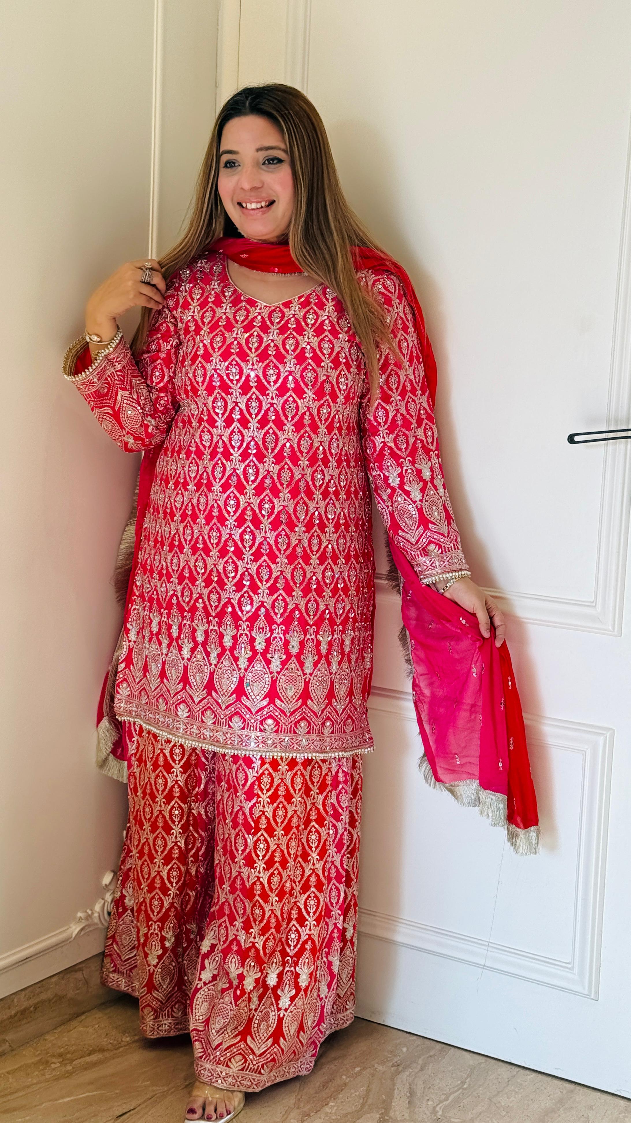 Magenta Zari Plazo Suit Set with Chiffon Dupatta