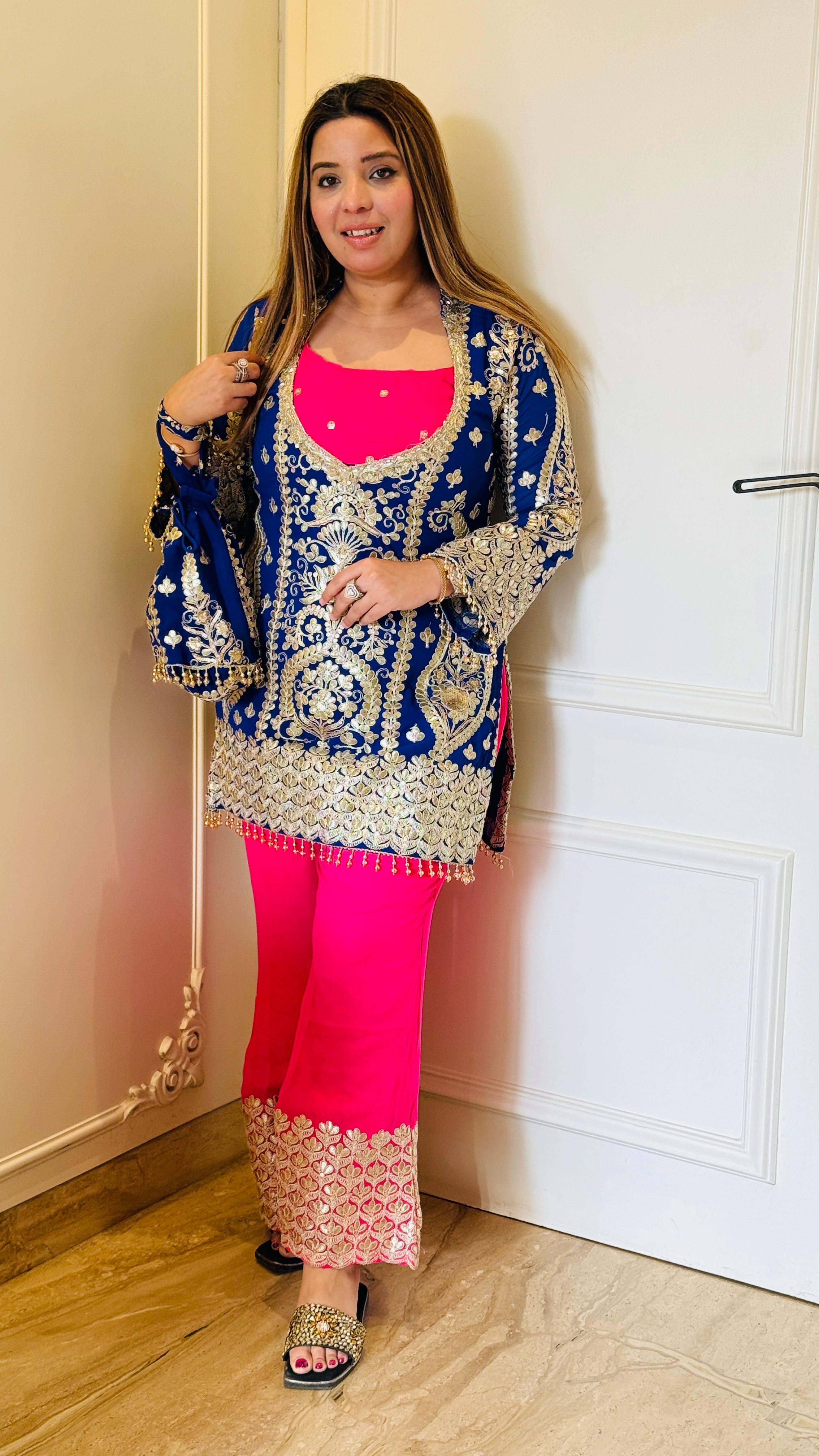 Royal Blue & Hot Pink | Rani Pink & Lime Green Zari Work 3-Piece Set